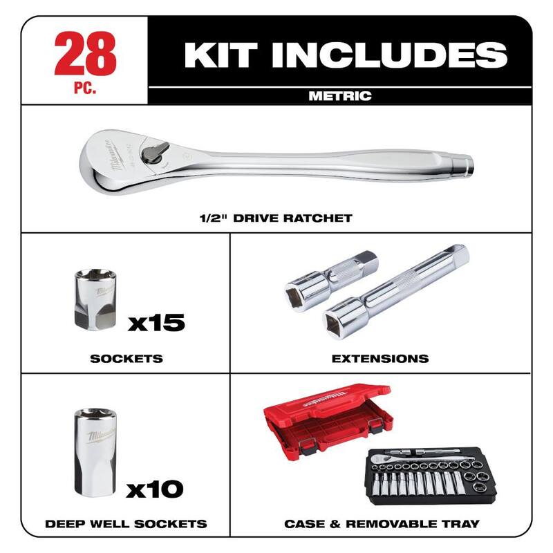 Juego de herramientas para mecánicos con trinquete de 1/2 pulgadas y juego de casquillos métricos de Milwaukee con trinquete extendido de 18 pulgadas y 90 dientes (29 piezas) - 48-22-9510-48-22-9050.