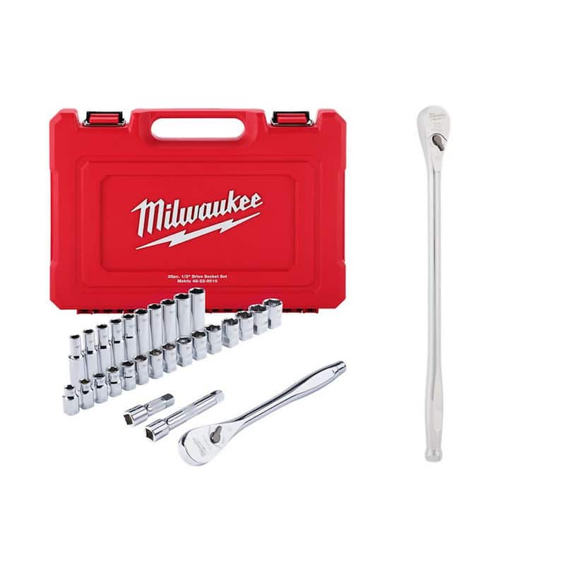 Juego de herramientas para mecánicos con trinquete de 1/2 pulgadas y juego de casquillos métricos de Milwaukee con trinquete extendido de 18 pulgadas y 90 dientes (29 piezas) - 48-22-9510-48-22-9050.