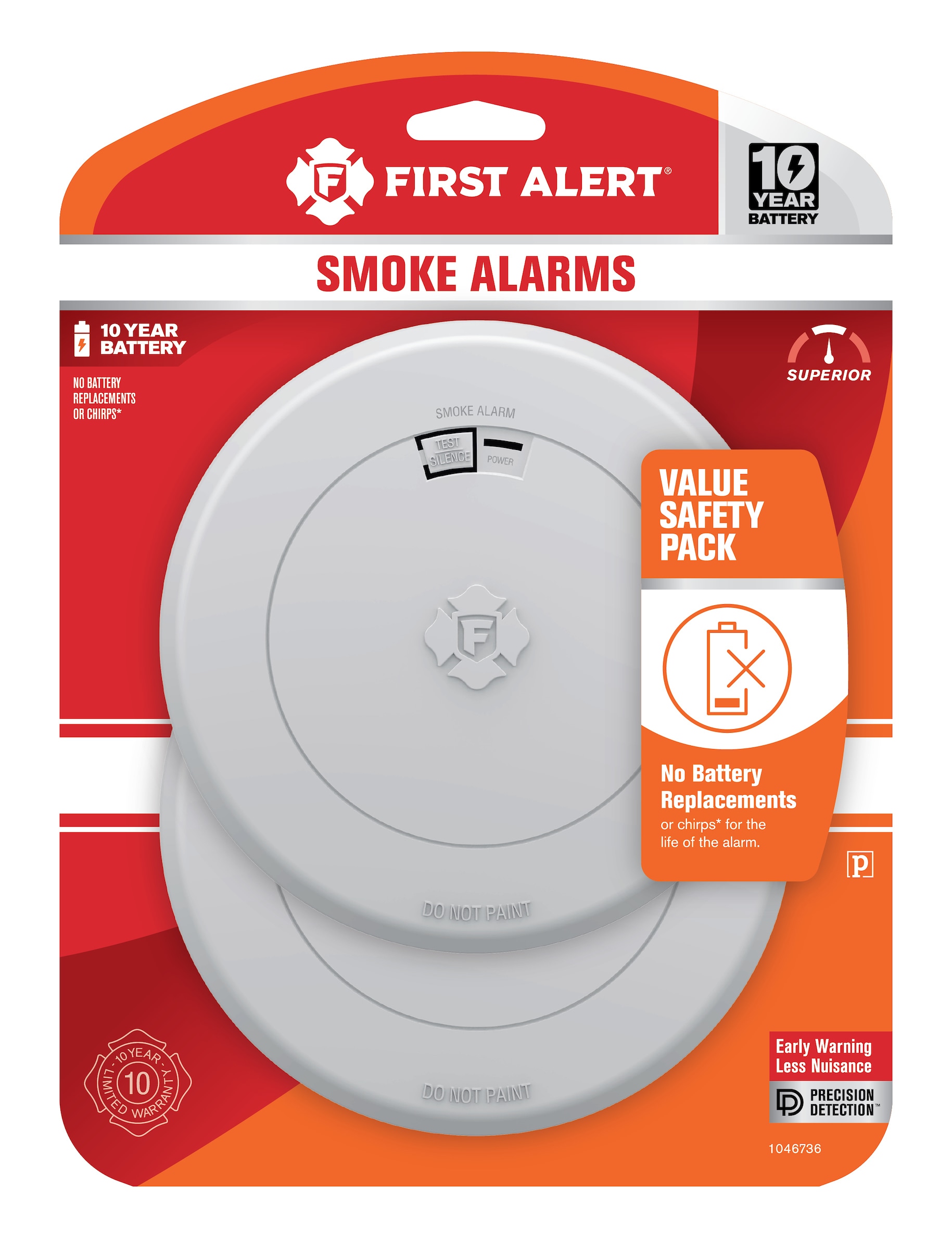 Detector de humo fotoeléctrico con batería de 10 años de duración de First Alert (paquete de 2) 1046736