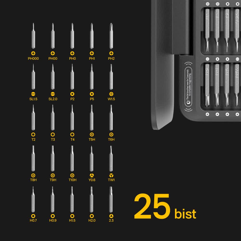 Juego de destornilladores eléctricos de precisión HOTO de 25 piezas con puntas magnéticas de 1 pulgada