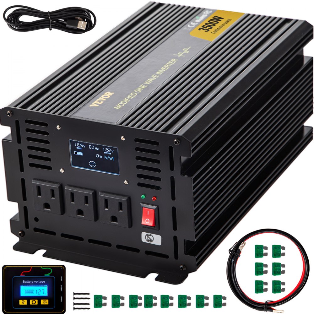 VEVOR Power Inverter, 3500W Modified Sine Wave Inverter, DC 12V to AC 120V Car Converter, with LCD Display, Remote Controller, LED Indicator, AC Outlets Inverter for Truck RV Car Boat Travel Camping - ZNB3K5-12-120C7F2V9
