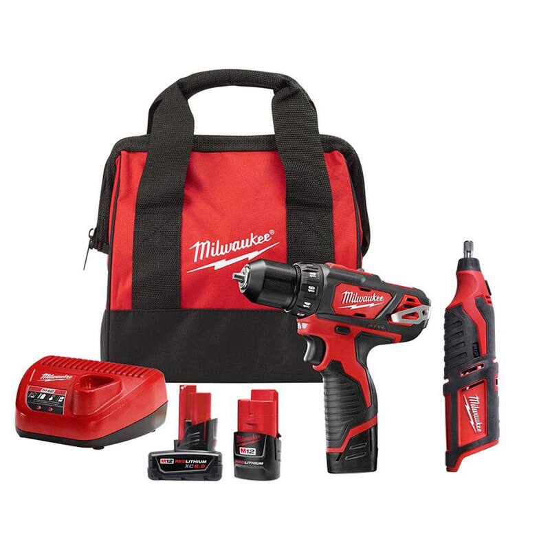 Milwaukee M12 12V Taladro/destornillador inalámbrico de 3/8 pulgadas con herramienta rotativa M12 y paquete de batería XC de 6.0 Ah - 2407-22-2460-20-48-11-2460