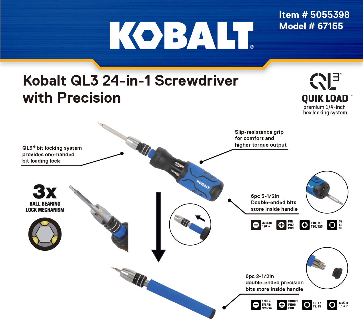 Destornillador Kobalt QL3 de 24 en 1 con juego de puntas de precisión de 2 en 1 - 67155