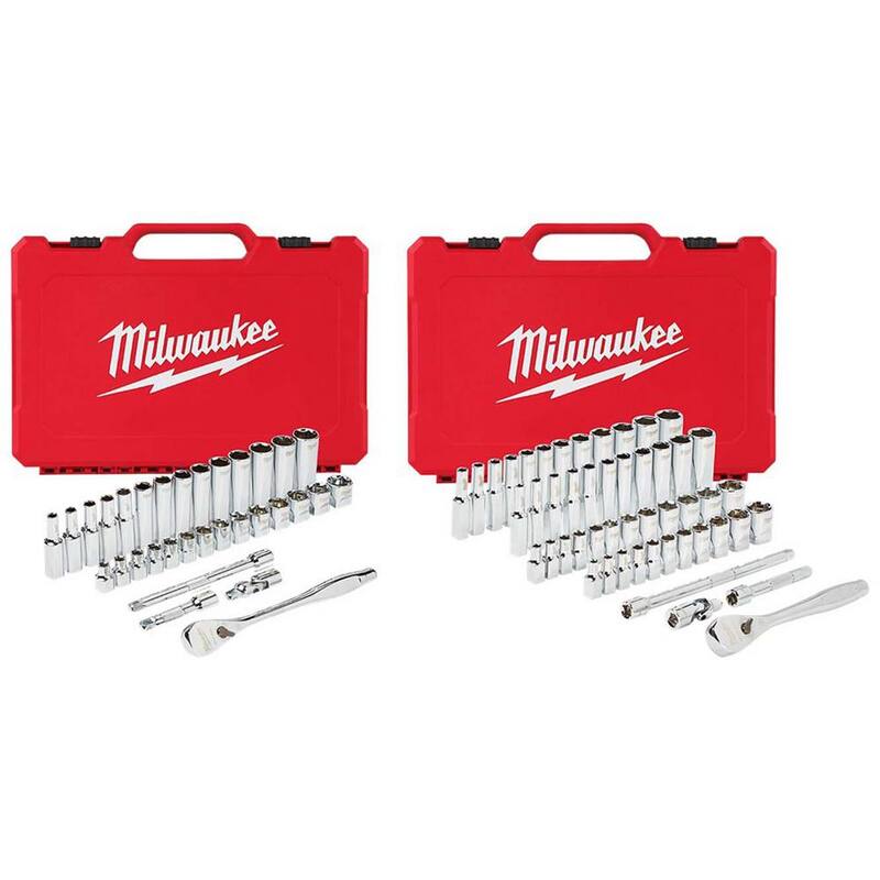 Juego de herramientas para mecánicos Milwaukee de 83 piezas con trinquete/vaso métrico de 3/8 pulg. y juego de trinquete/vaso SAE/métrico de 1/4 pulg. (48-22-9508-48-22-9004)