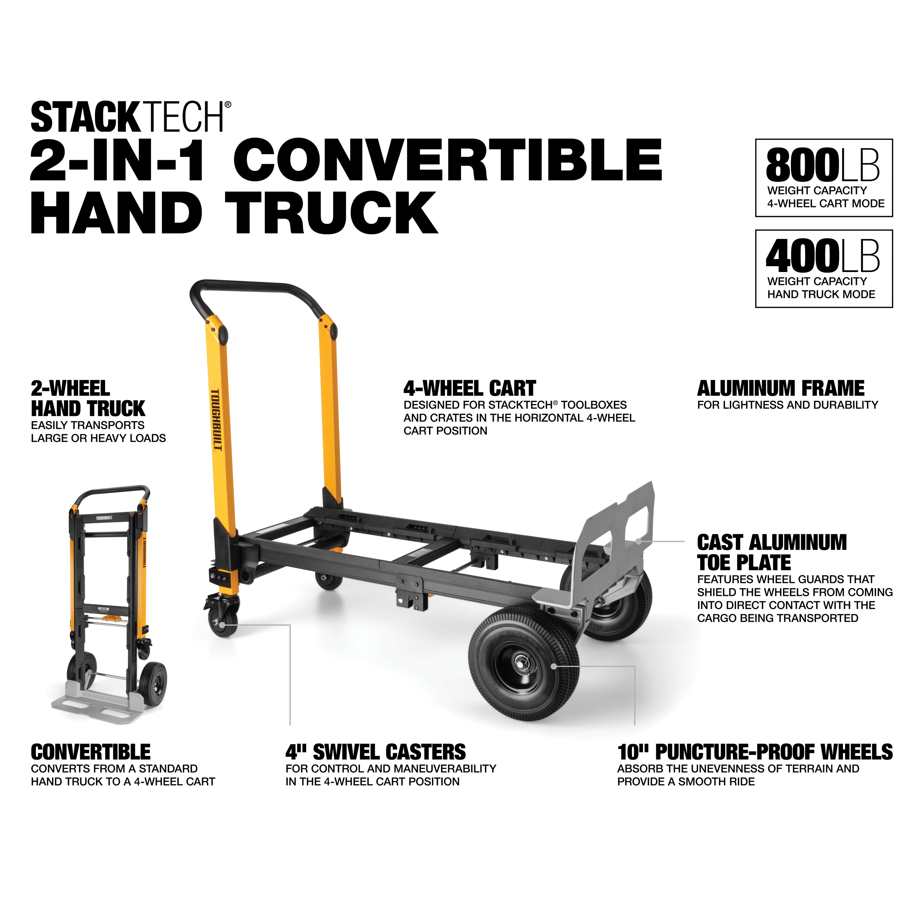 Carretilla de mano convertible de aluminio TOUGHBUILT con capacidad de 800 lb y 4 ruedas en varios colores/acabados