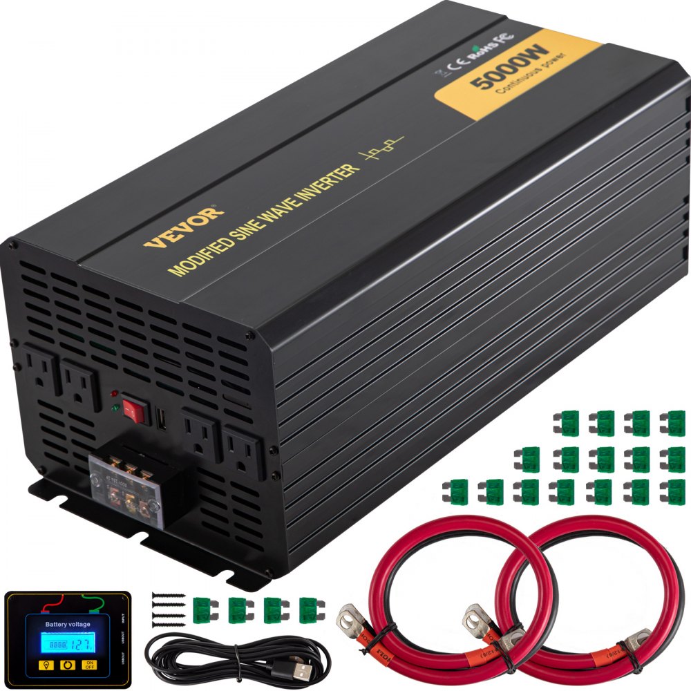 VEVOR Power Inverter, 5000W Modified Sine Wave Inverter, DC 12V to AC 120V Car Converter, with LCD Remote Controller, LED Indicator, AC Outlets Inverter for Truck RV Car Boat Travel Camping Emergency - ZXNB5KW12-120NSRIV9