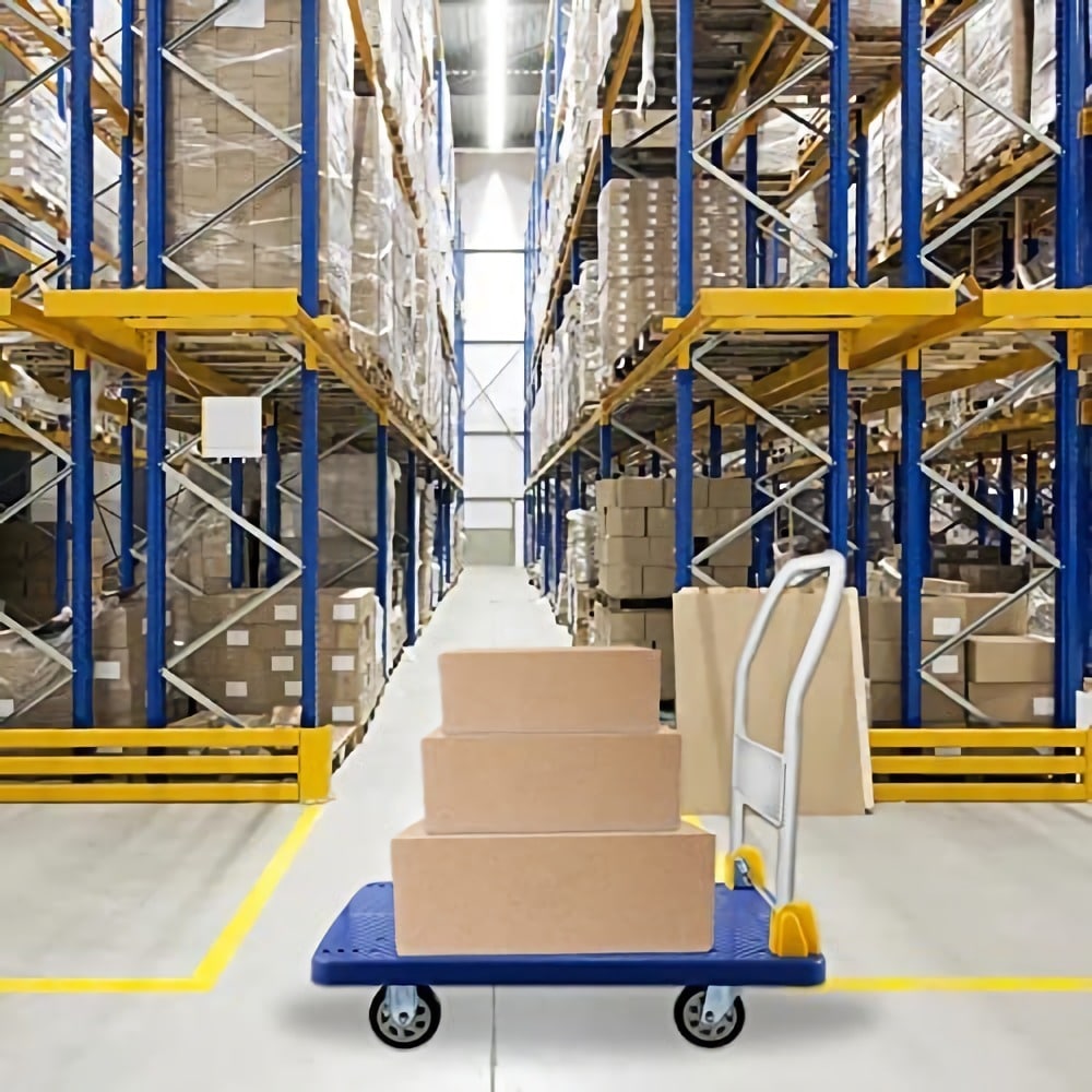 Carretilla de plataforma de servicio estándar de acero azul con capacidad de 880 libras de Wrightmaster de 4 ruedas. DOLO0609