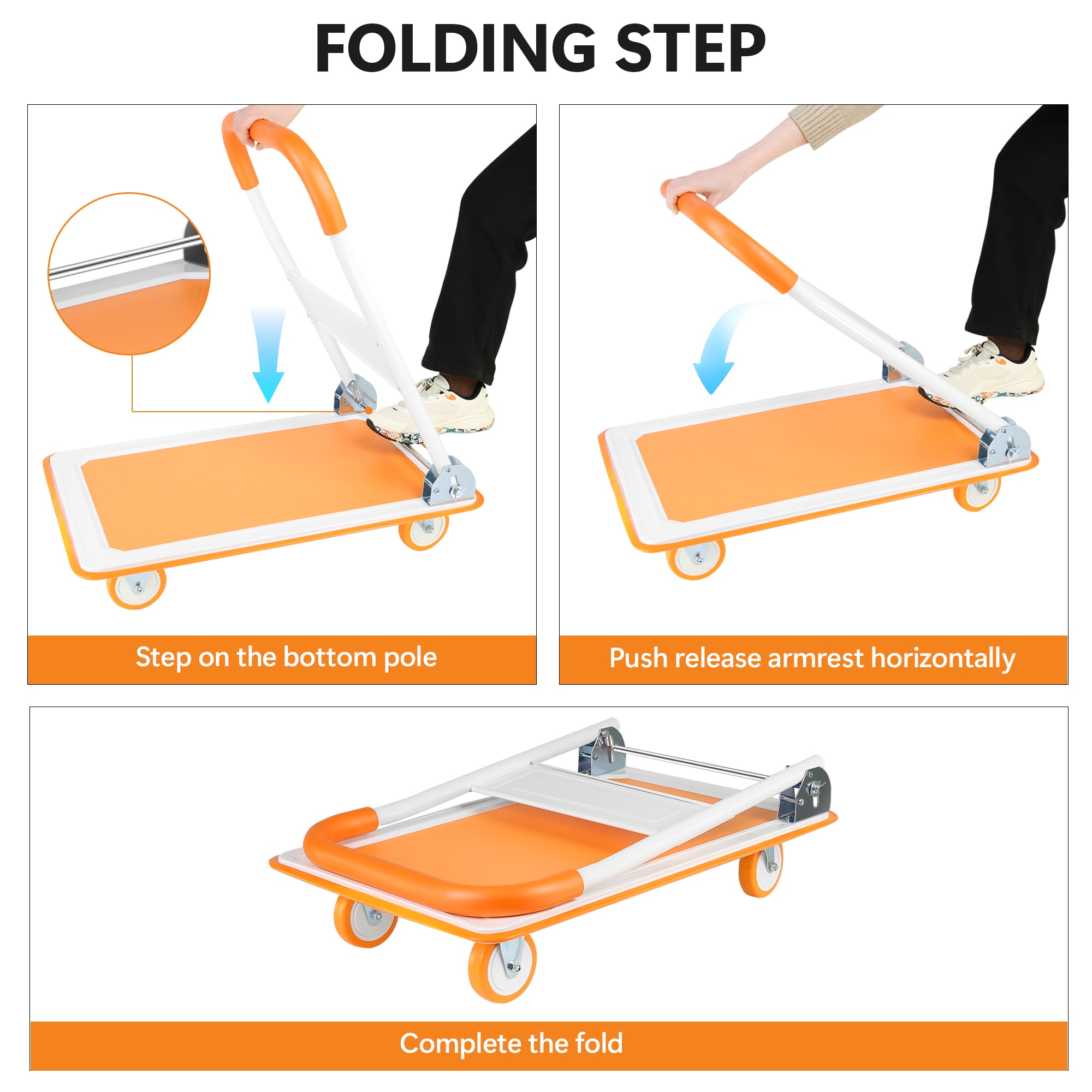 Carretilla de mano plegable de acero naranja de 4 ruedas con capacidad de 330 lb Siavonce ZX-7CRRT