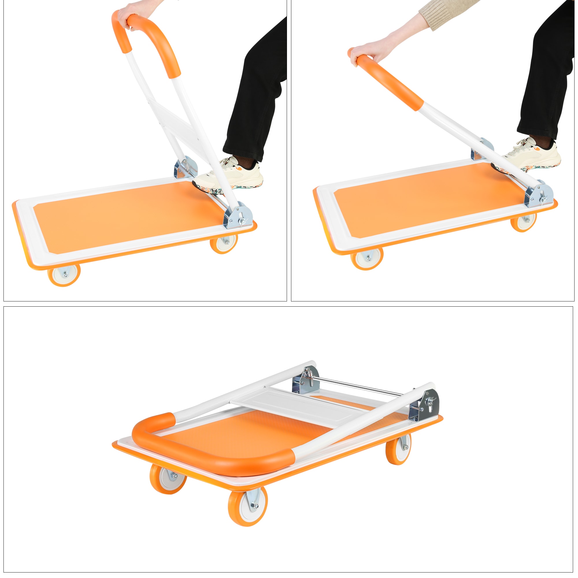 Carretilla de mano plegable de acero naranja de 4 ruedas con capacidad de 330 lb Siavonce ZX-7CRRT