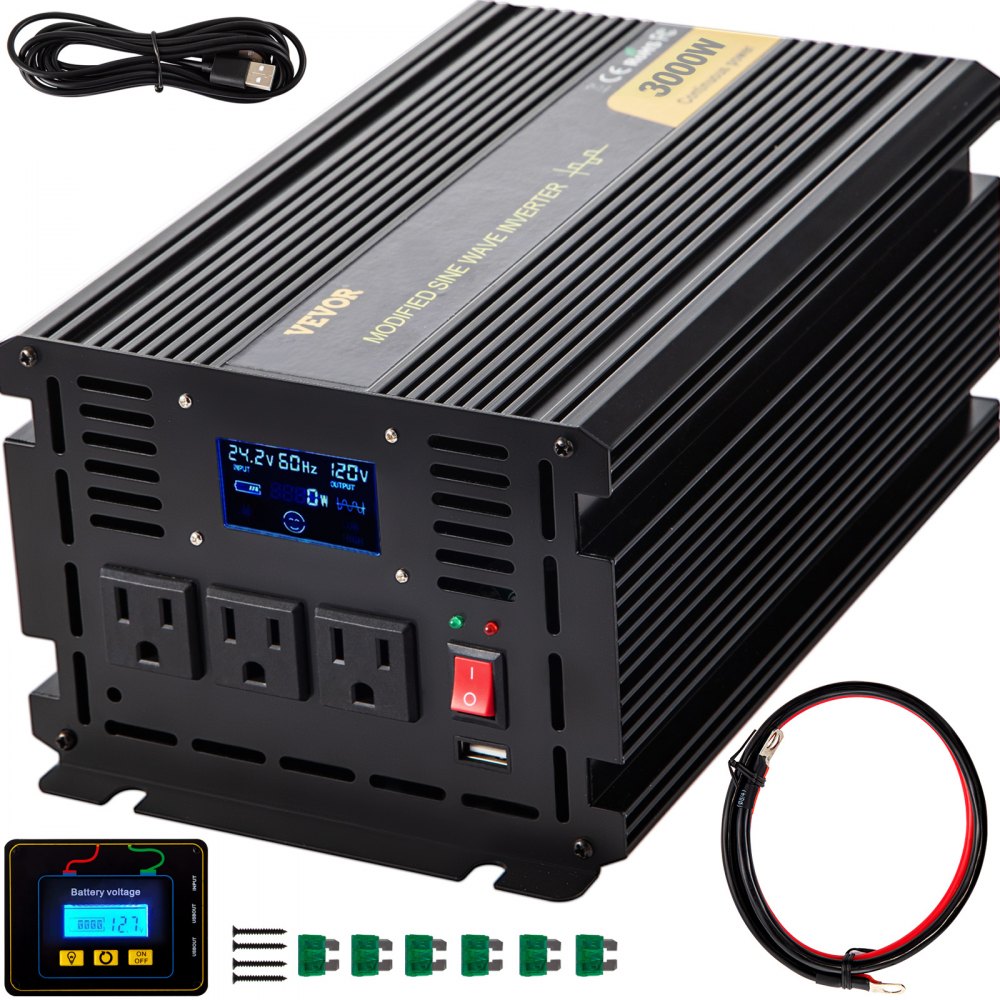 VEVOR Power Inverter, 3000W Modified Sine Wave Inverter, DC 24V to AC 120V Car Converter, with LCD Display, Remote Controller, LED Indicator, AC Outlets Inverter for Truck RV Car Boat Travel Camping - ZNBQ3KW24-120UWDUV9
