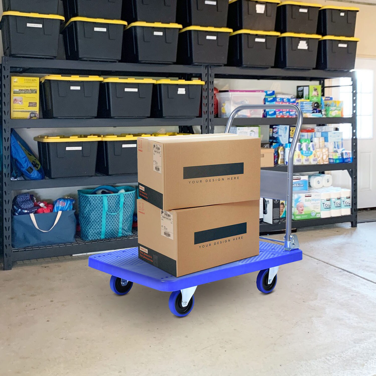 Carretilla de plataforma de servicio estándar de acero azul con capacidad de 440 libras y 4 ruedas Maocao Hoom BH-DJ-77005