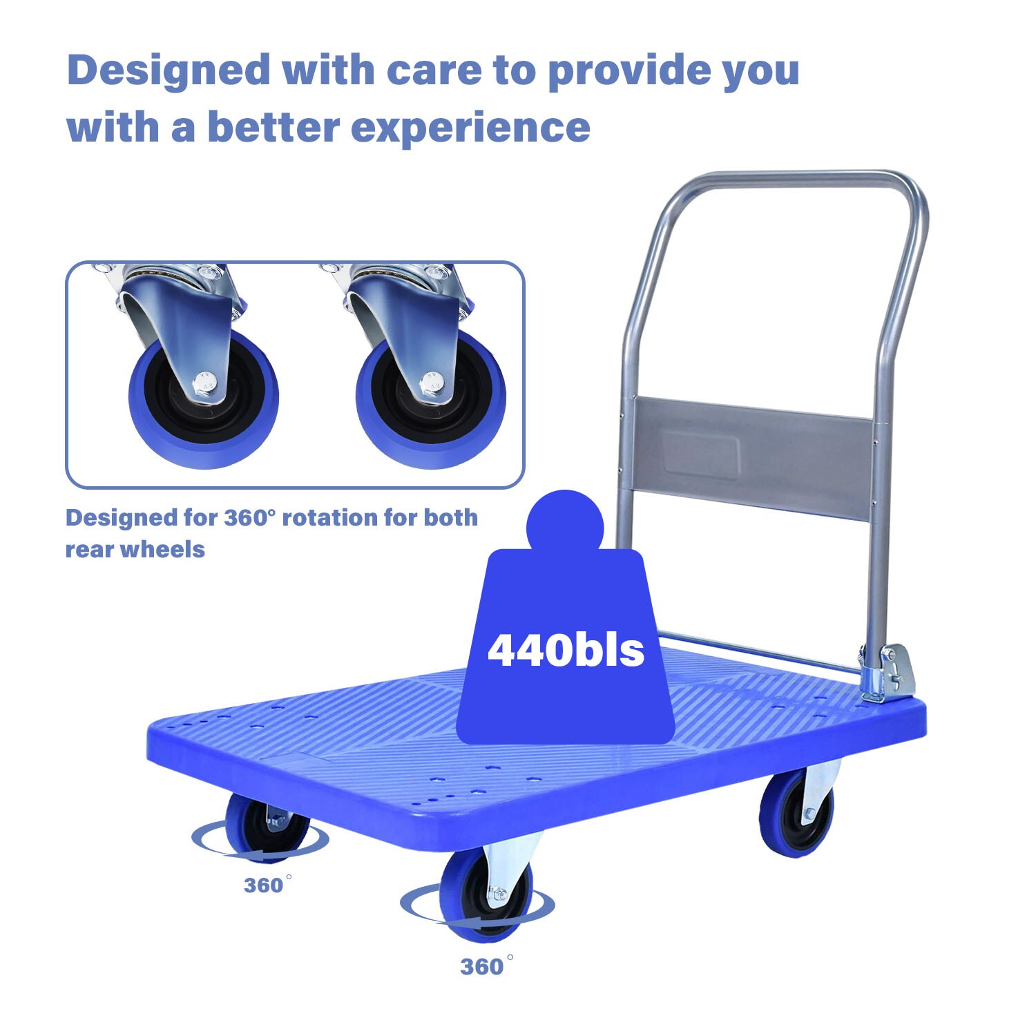 Carretilla de plataforma de servicio estándar de acero azul con capacidad de 440 libras y 4 ruedas Maocao Hoom BH-DJ-77005