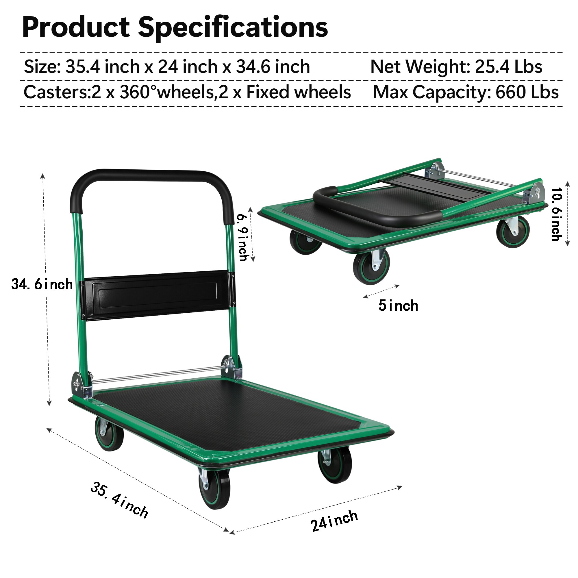 Carretilla de plataforma de trabajo estándar de acero verde de 660 libras de capacidad con 4 ruedas Kahomvis YS-QPW1-280