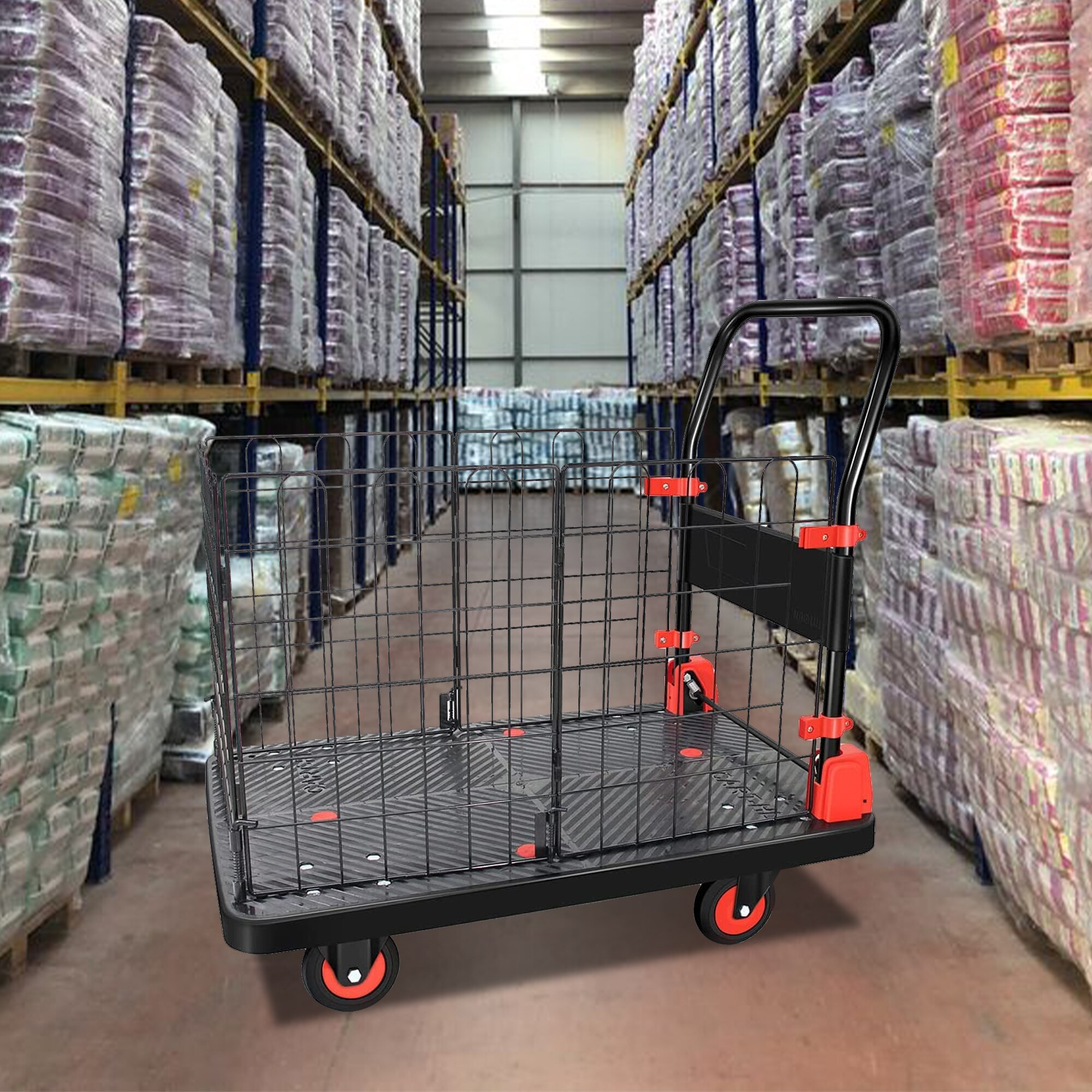 Carretilla de mano plegable de plástico negro de 4 ruedas con capacidad de 660 libras Kahomvis COS-QPW1-011