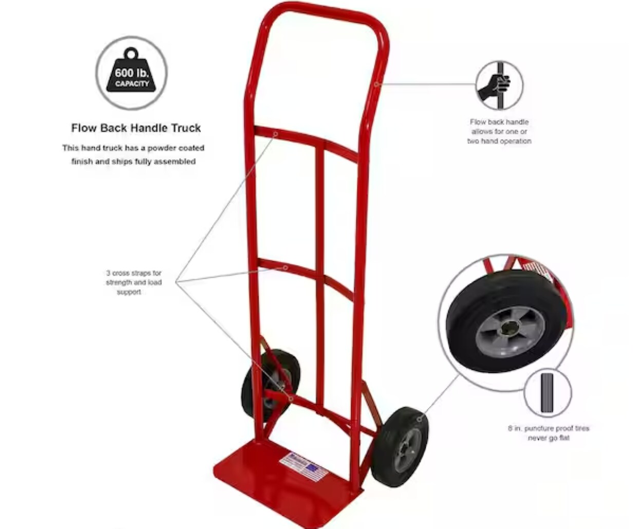 Carretilla de mano estándar de acero rojo de 2 ruedas Milwaukee con capacidad de 600 libras DC47109