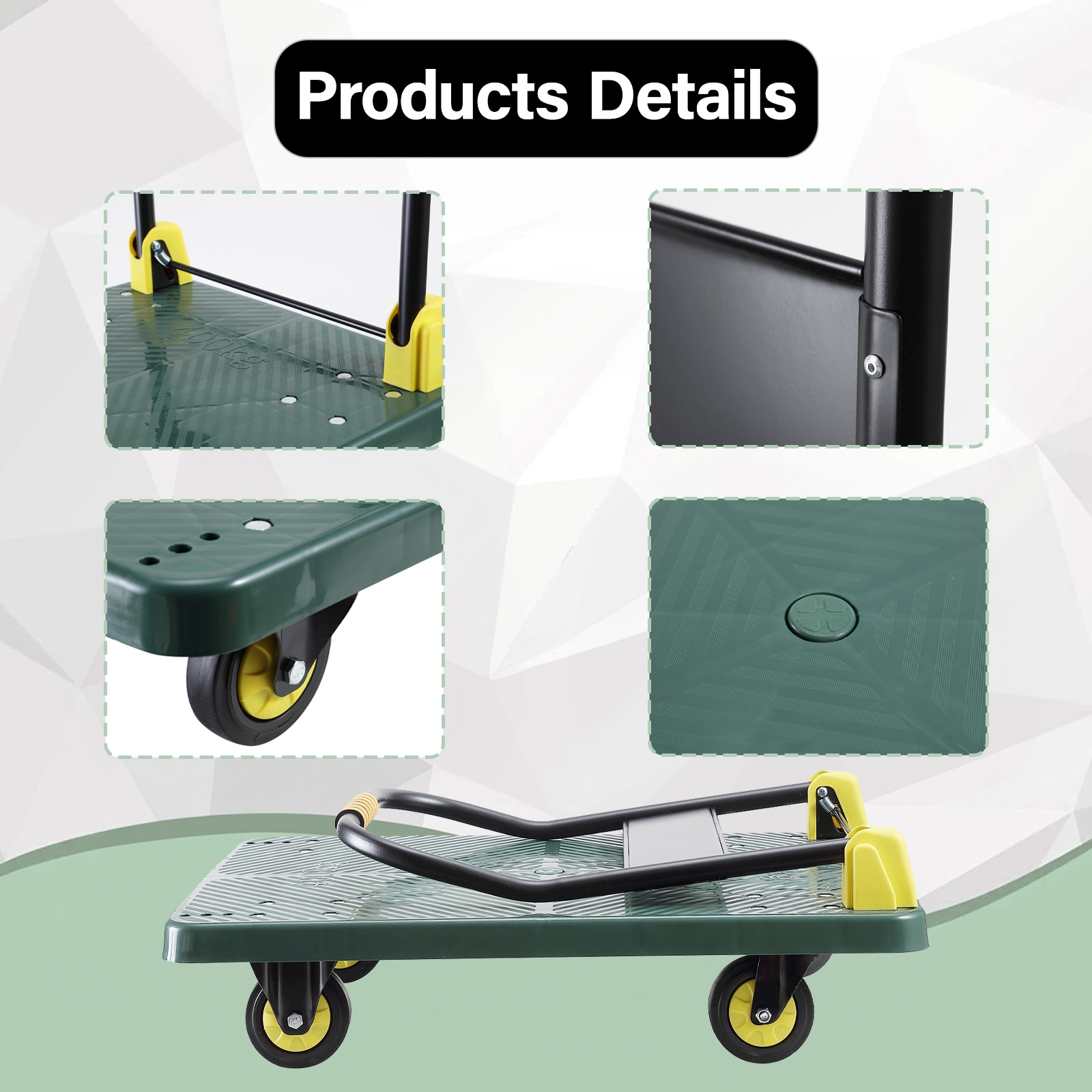 Carretilla de mano plegable de plástico verde con capacidad de 880 lb y 4 ruedas Siavonce FZ-D0102HRIM68