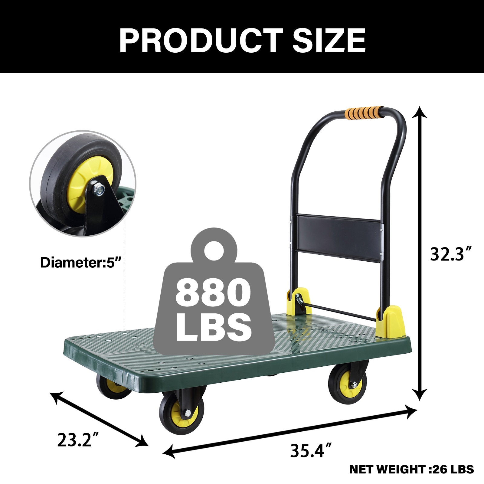 Carretilla de mano plegable de plástico verde con capacidad de 880 lb y 4 ruedas Siavonce FZ-D0102HRIM68