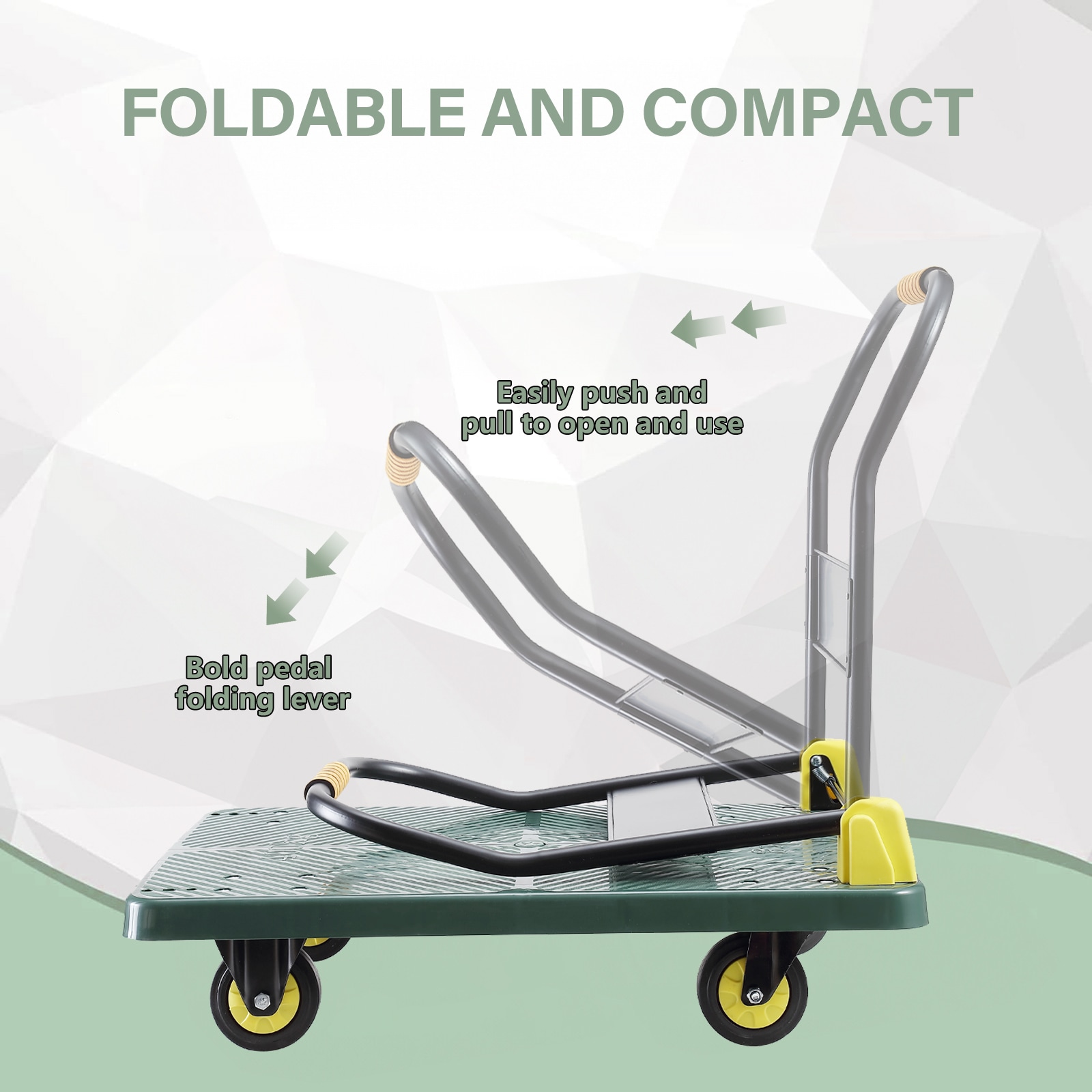 Carretilla de mano plegable de plástico verde con capacidad de 880 lb y 4 ruedas Siavonce FZ-D0102HRIM68