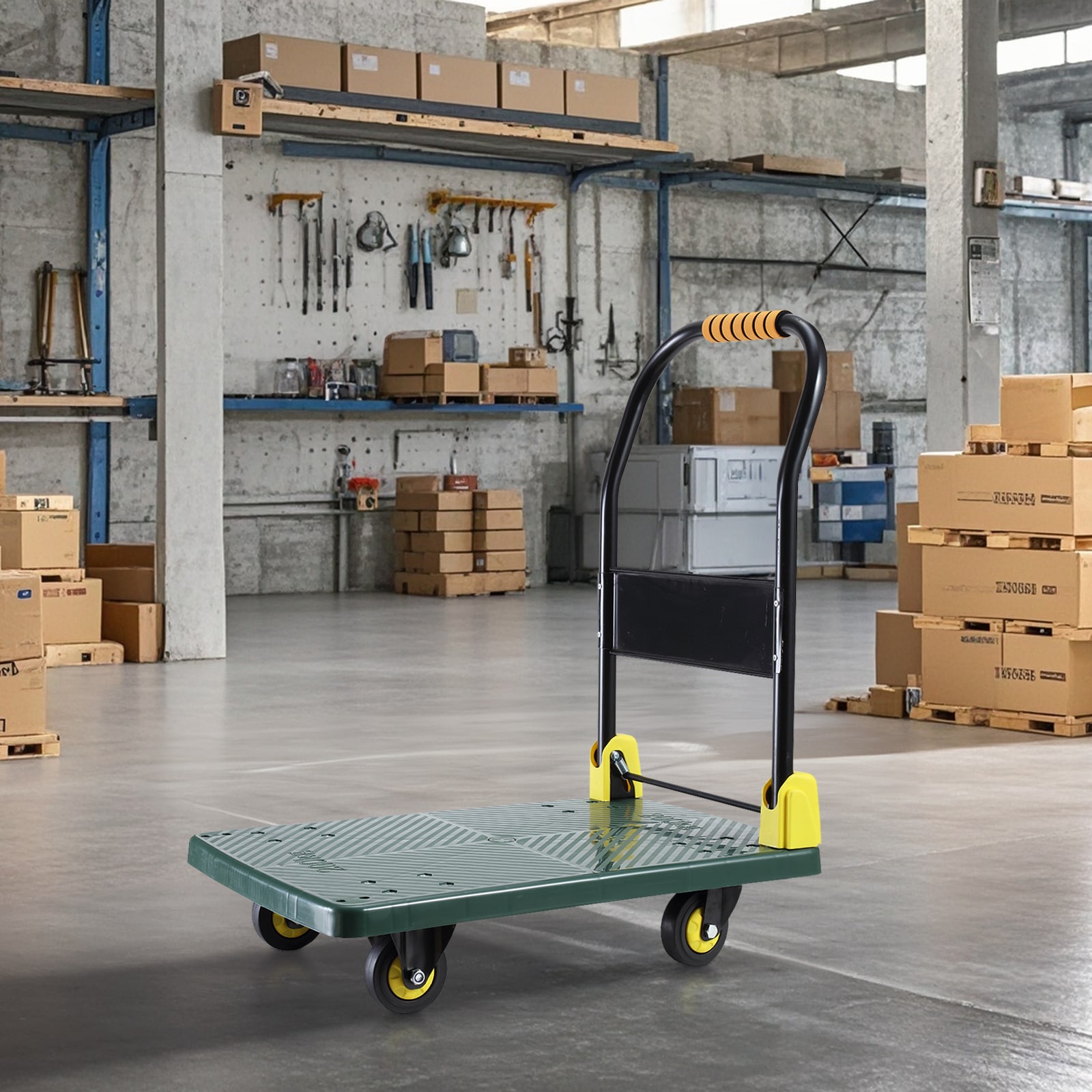 Carretilla de mano plegable de plástico verde con capacidad de 880 lb y 4 ruedas Siavonce FZ-D0102HRIM68