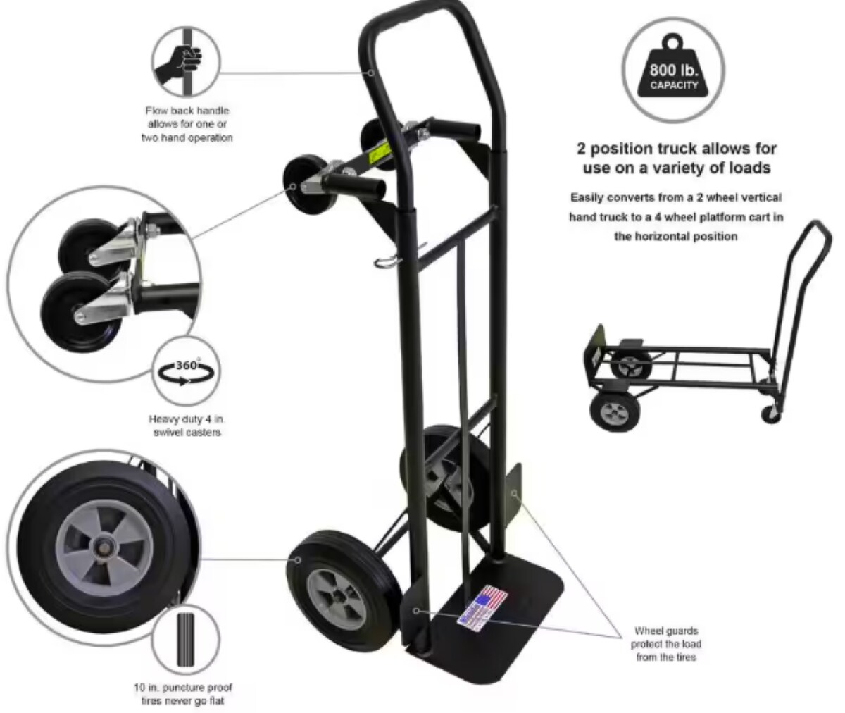 Carretilla manual convertible de acero negro de 4 ruedas Milwaukee con capacidad de 800 libras DC36080S