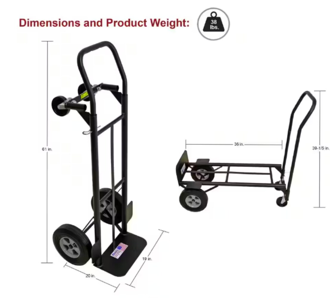 Carretilla manual convertible de acero negro de 4 ruedas Milwaukee con capacidad de 800 libras DC36080S