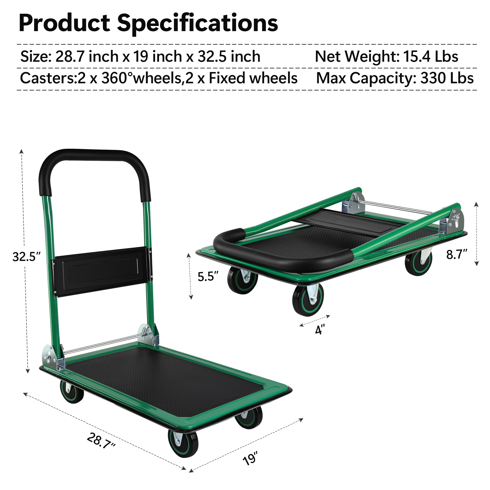 Carretilla de mano plegable de plástico verde con capacidad de 330 lb y 4 ruedas Siavonce FZ-D0102HRIM86.