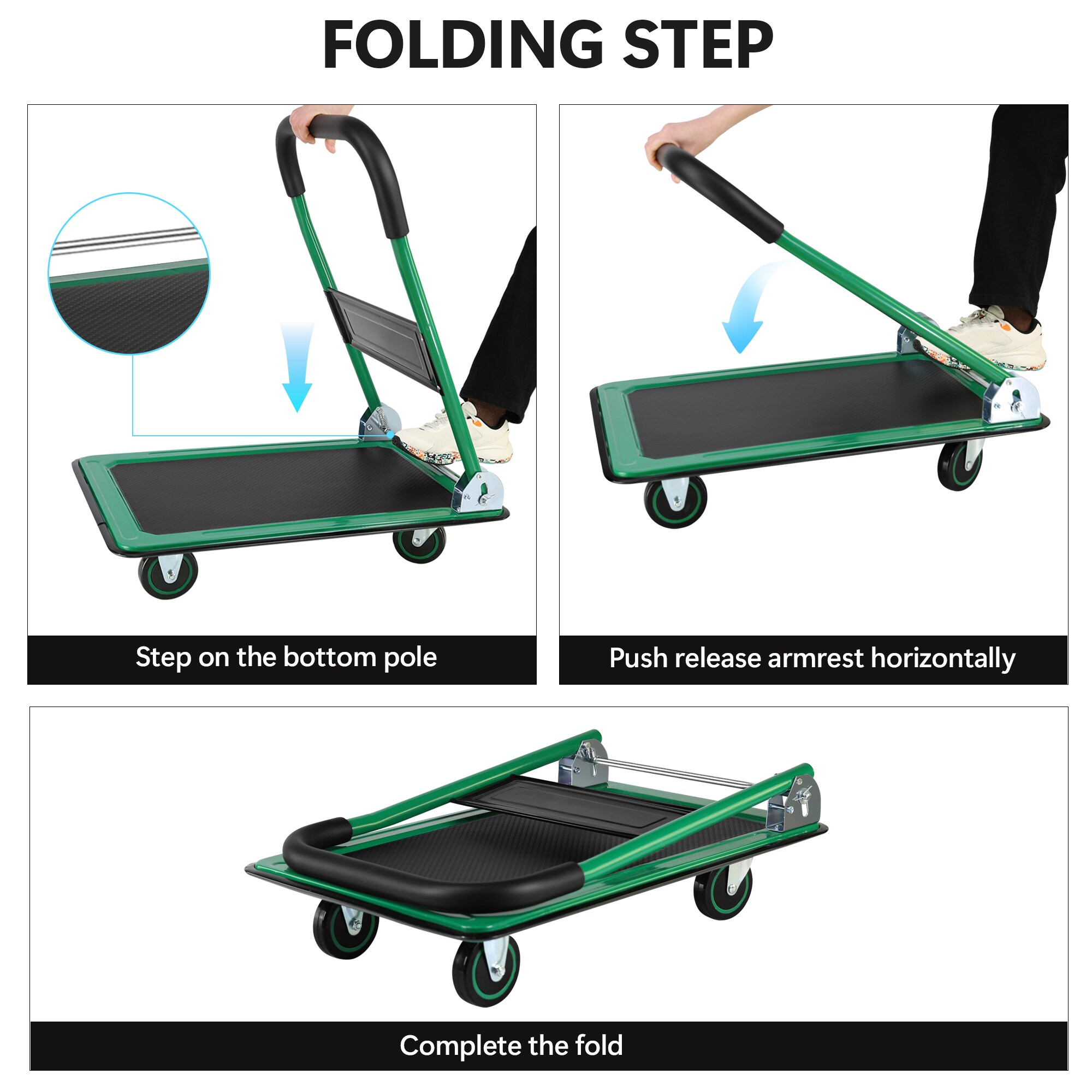 Carretilla de mano plegable de plástico verde con capacidad de 330 lb y 4 ruedas Siavonce FZ-D0102HRIM86.