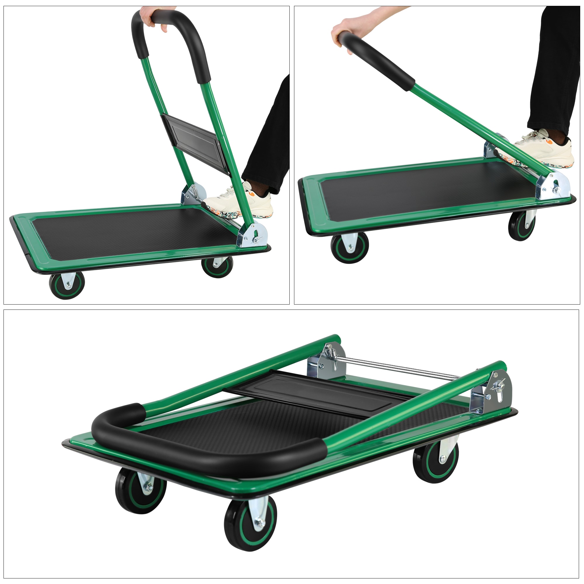 Carretilla de mano plegable de plástico verde con capacidad de 330 lb y 4 ruedas Siavonce FZ-D0102HRIM86.
