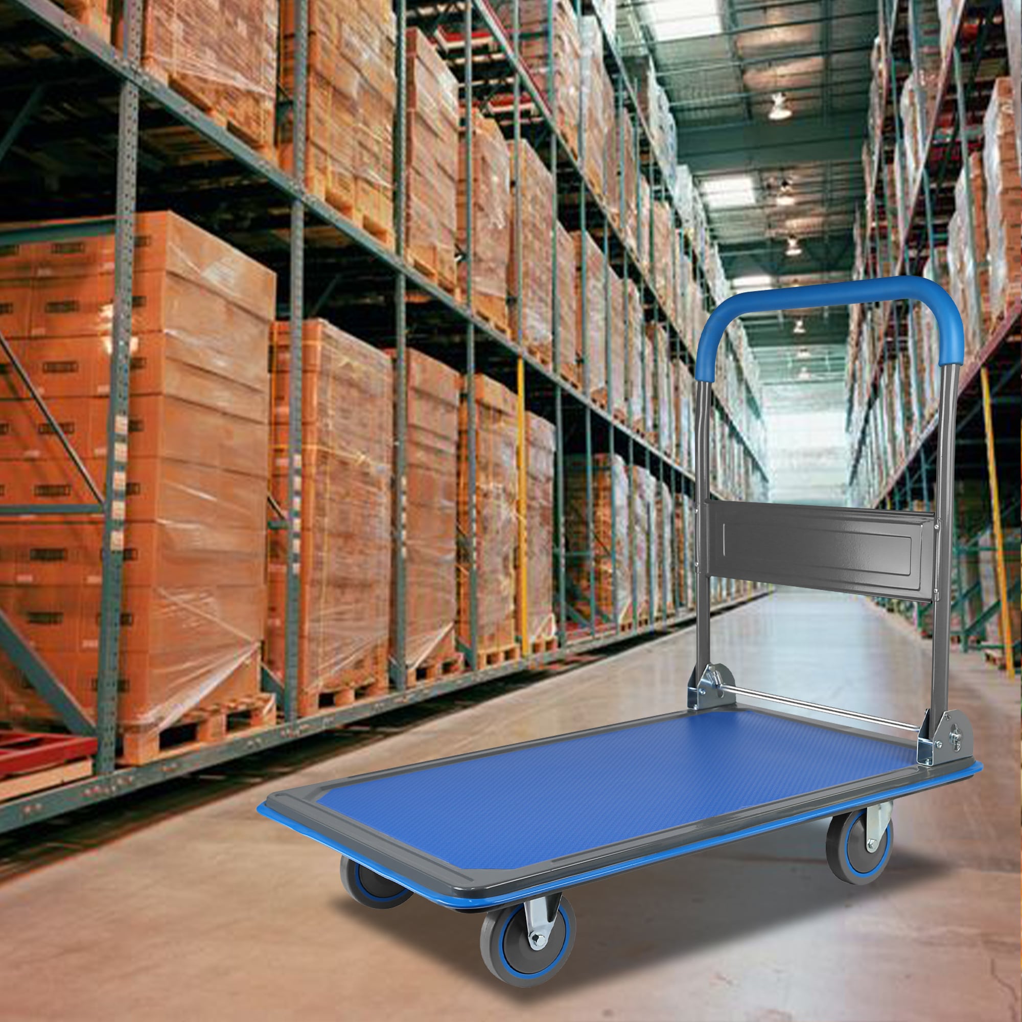 Carretilla de plataforma de servicio estándar de acero azul con capacidad de 660 lbs y 4 ruedas Kahomvis YS-QPW1-281