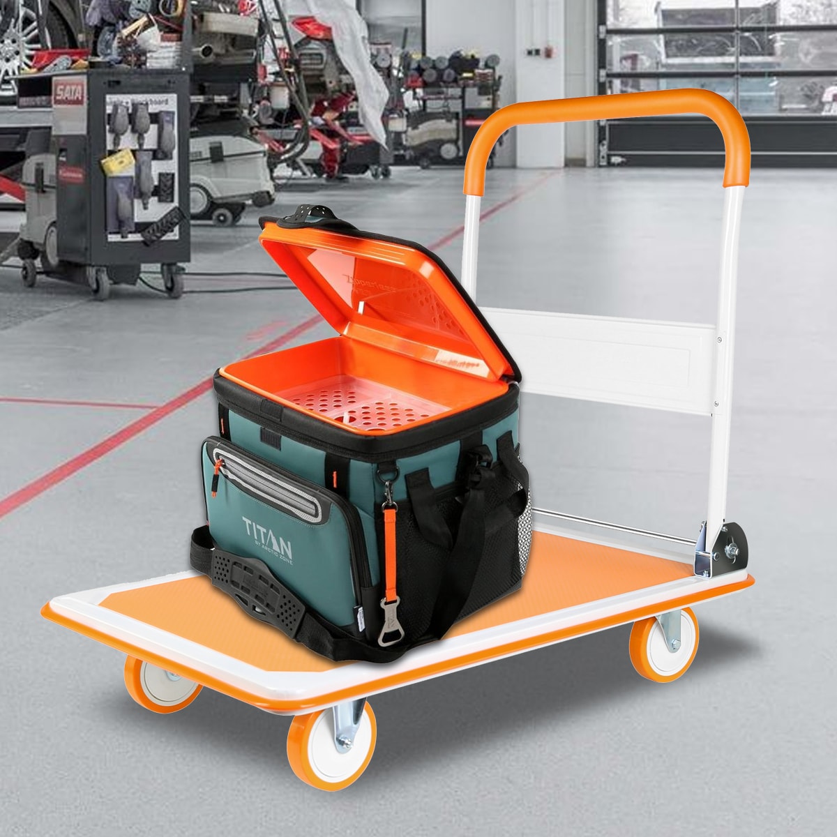Carretilla de plataforma de servicio estándar de acero naranja de 660 lb de capacidad, con 4 ruedas Kahomvis YS-QPW1-283.