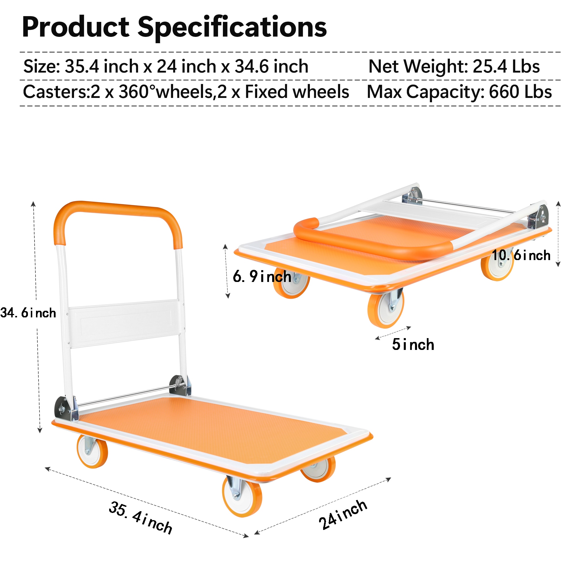 Carretilla de plataforma de servicio estándar de acero naranja de 660 lb de capacidad, con 4 ruedas Kahomvis YS-QPW1-283.