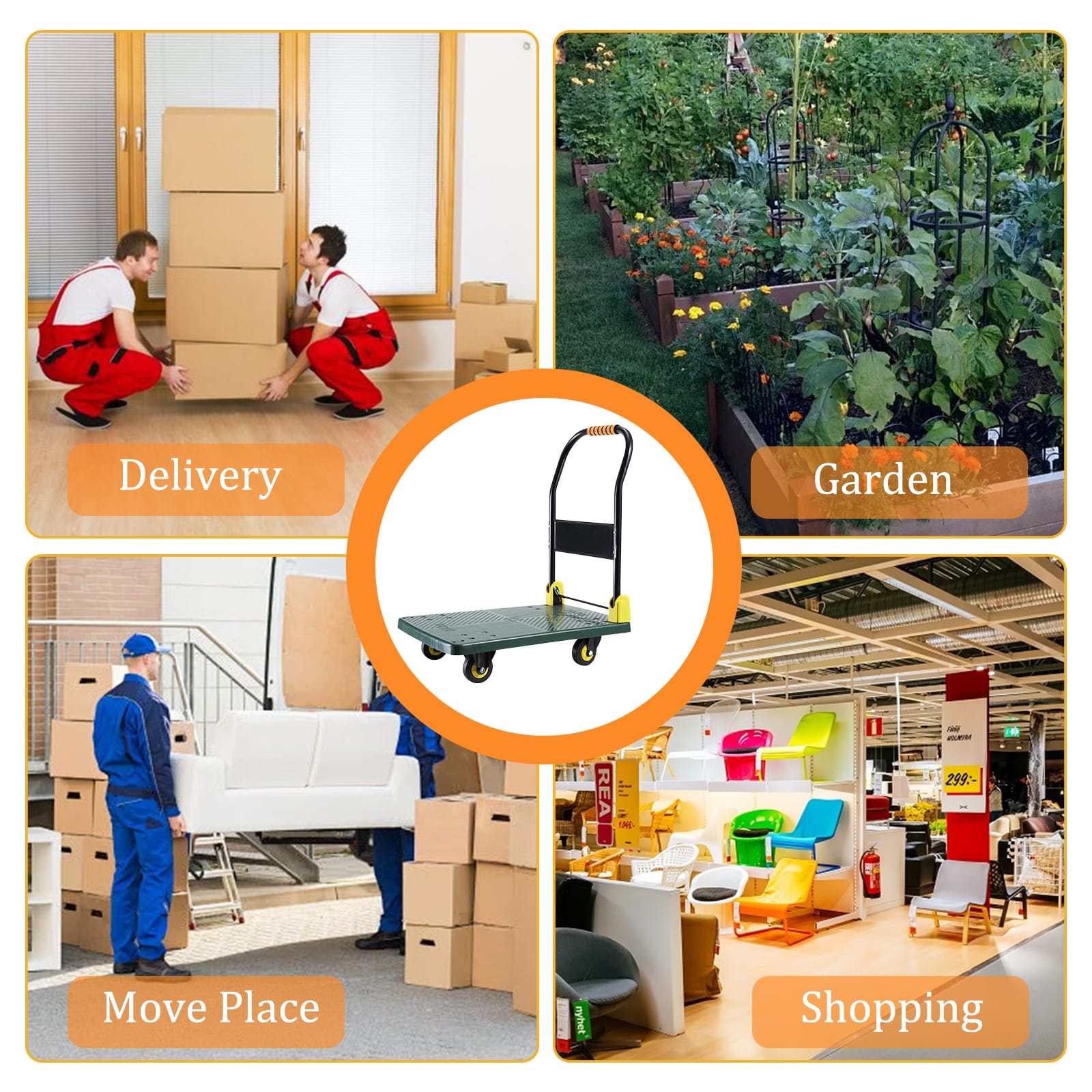 Carretilla de mano plegable de plástico verde con capacidad de 440 lb y 4 ruedas Siavonce FZ-D0102HRIMPX