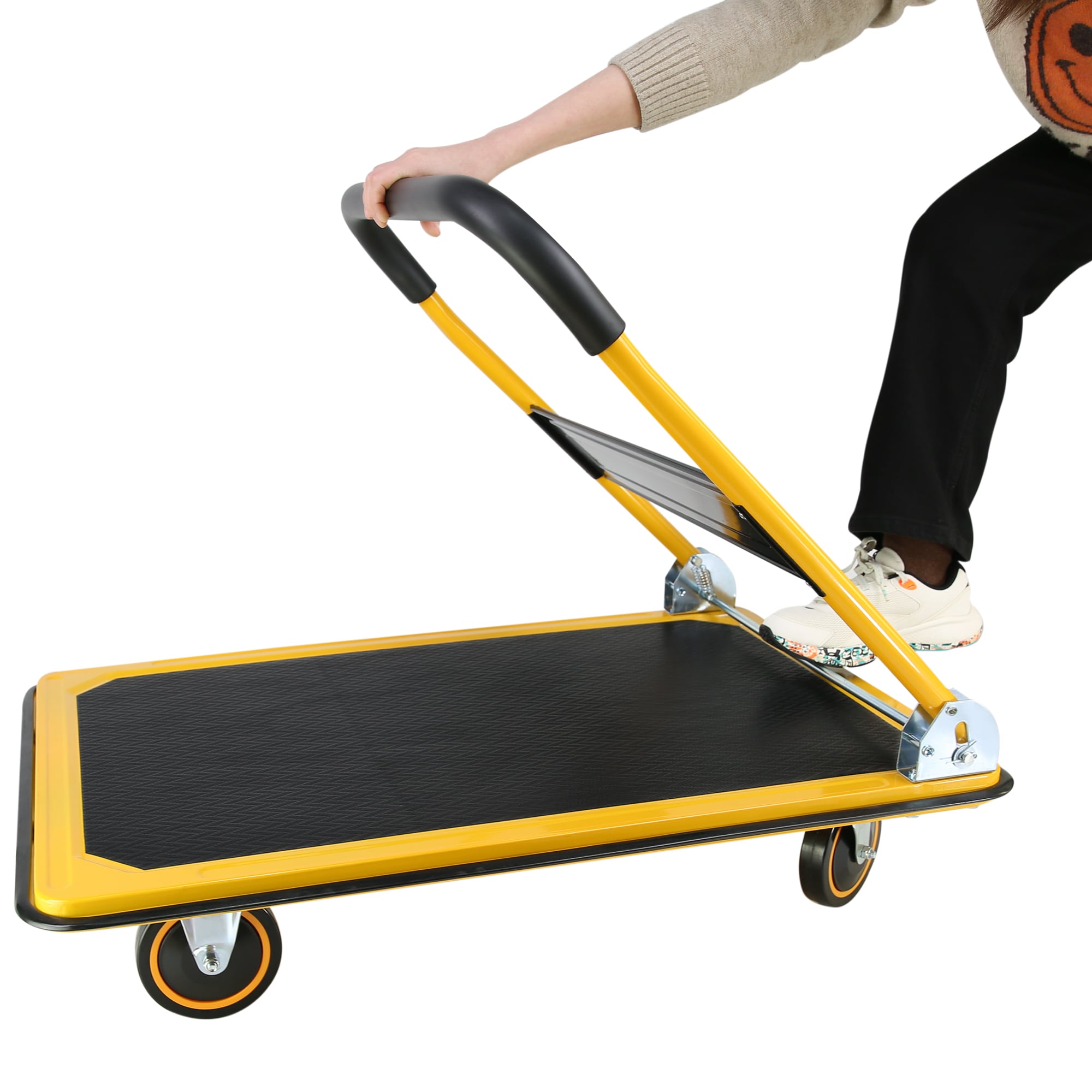 Carretilla de plataforma amarilla de servicio estándar con capacidad para 660 libras de Kahomvis con 4 ruedas. YS-QPW1-278