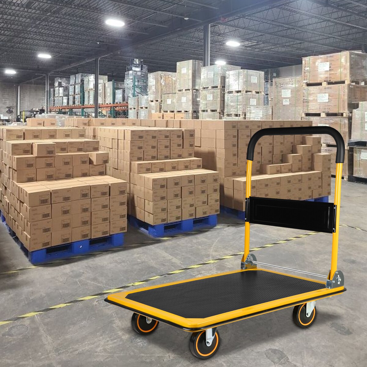 Carretilla de plataforma amarilla de servicio estándar con capacidad para 660 libras de Kahomvis con 4 ruedas. YS-QPW1-278