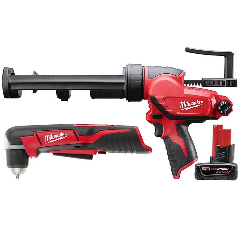 Milwaukee M12 Taladro angular recto inalámbrico de 12V con batería de iones de litio de 3/8 pulgadas, pistola de calafateo y adhesivo de 10 oz y paquete de baterías de 6.0 Ah XC - 2415-20-2441-20-48-11-2460