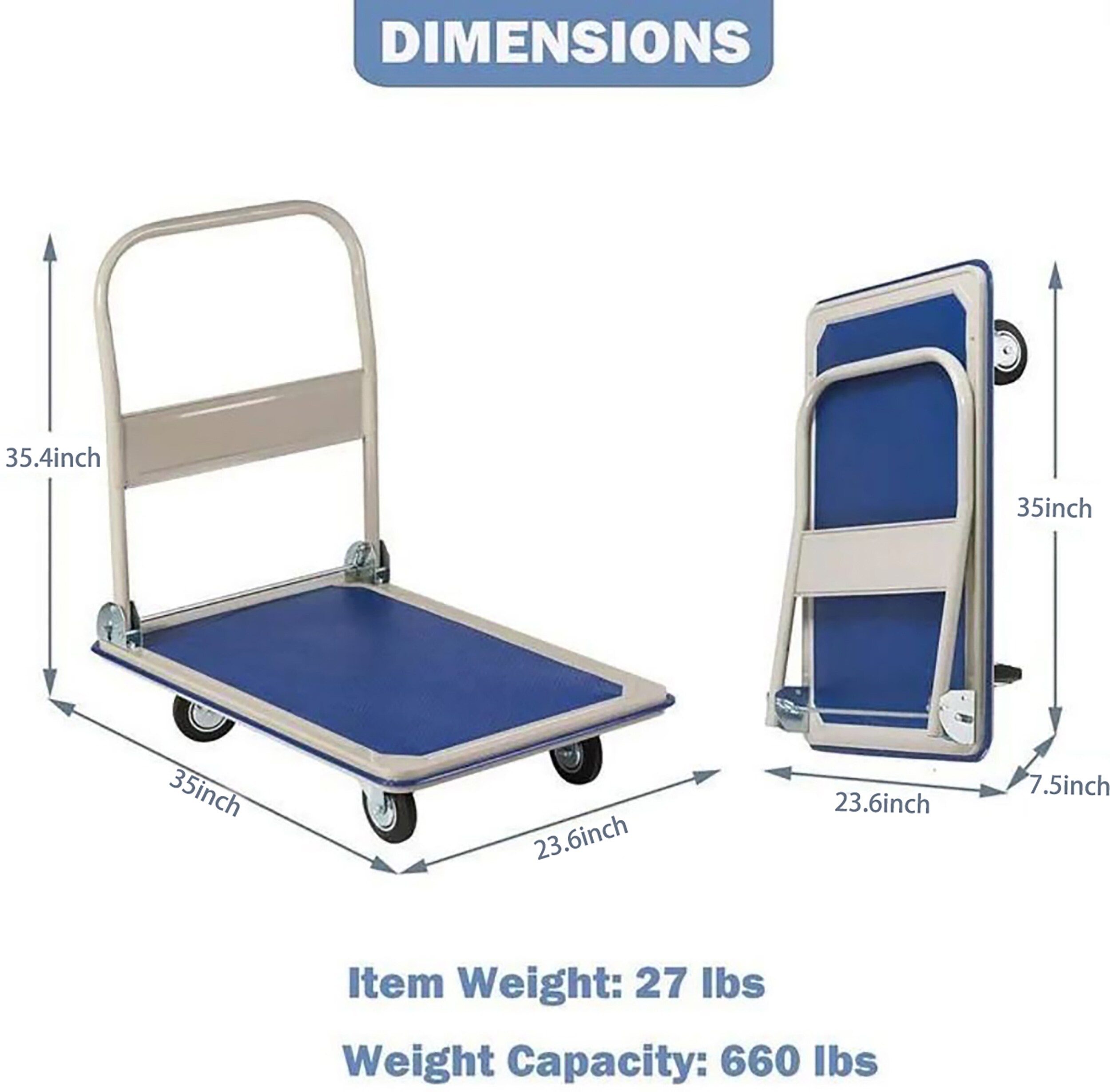 Carretilla de mano plegable de acero azul con capacidad de 330 libras y 4 ruedas Kahomvis BSS-QPW1-2937.