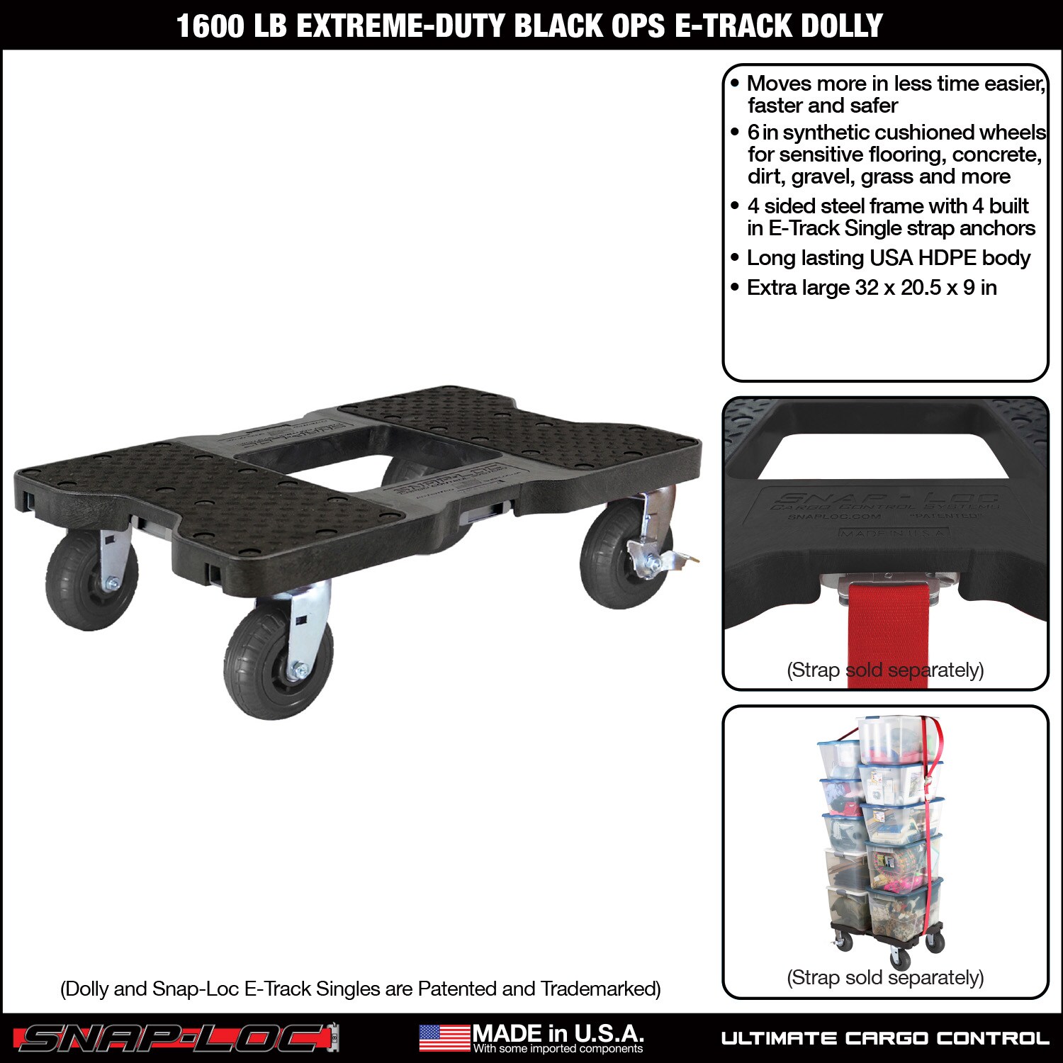 Dolly de plástico negro de 4 ruedas con capacidad de 1600 lb Snap-Loc SL1600D6B