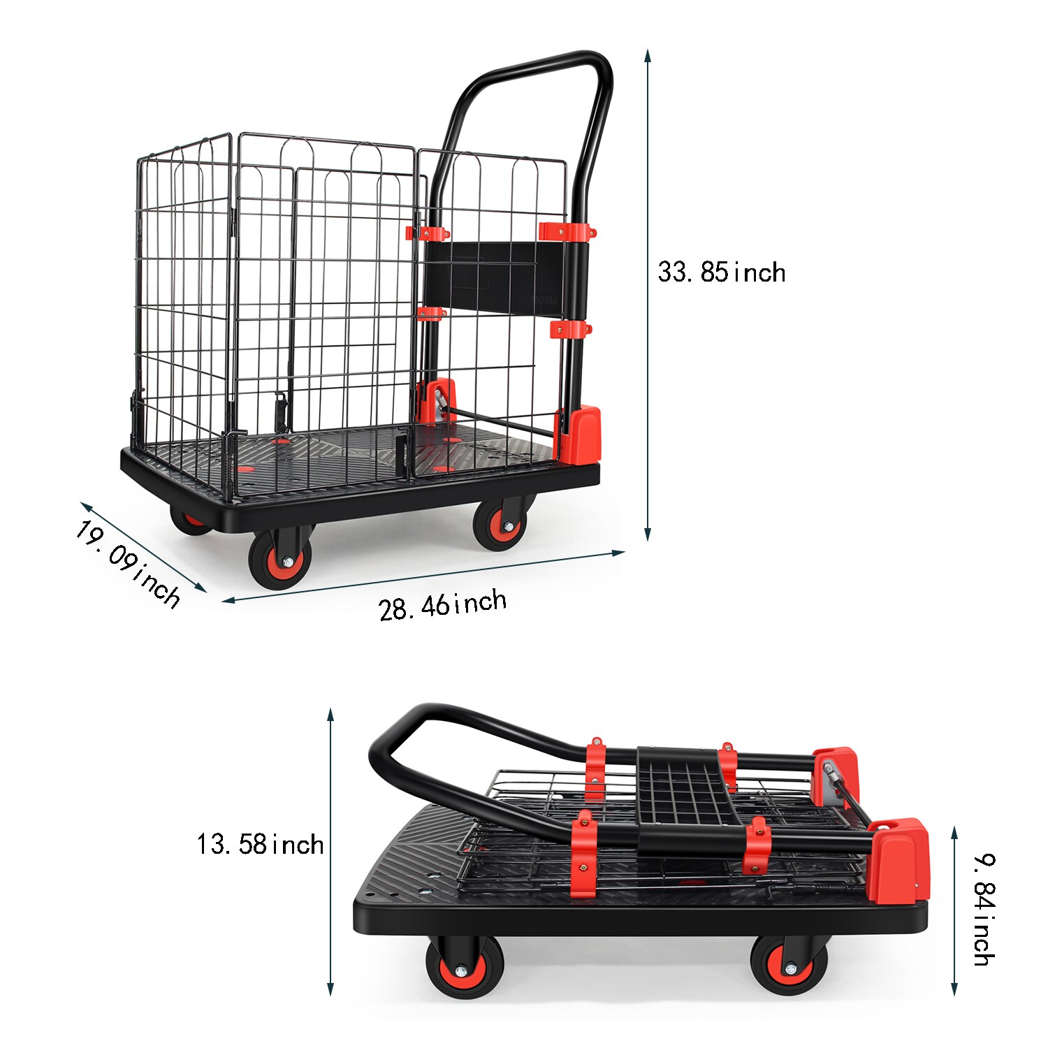 Carretilla de mano plegable de plástico negro con capacidad de 330 libras y 4 ruedas Kahomvis COS-QPW1-010