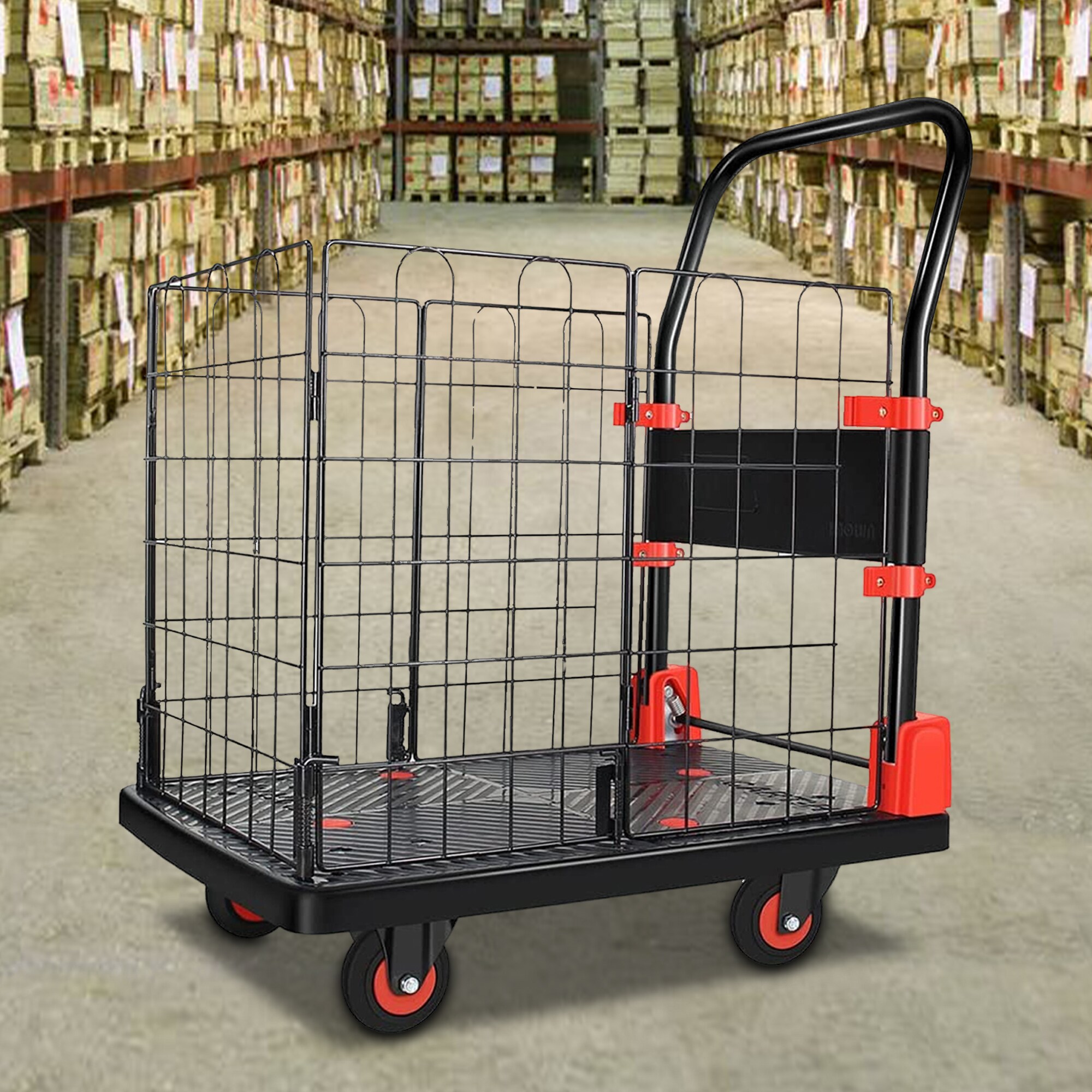 Carretilla de mano plegable de plástico negro con capacidad de 330 libras y 4 ruedas Kahomvis COS-QPW1-010