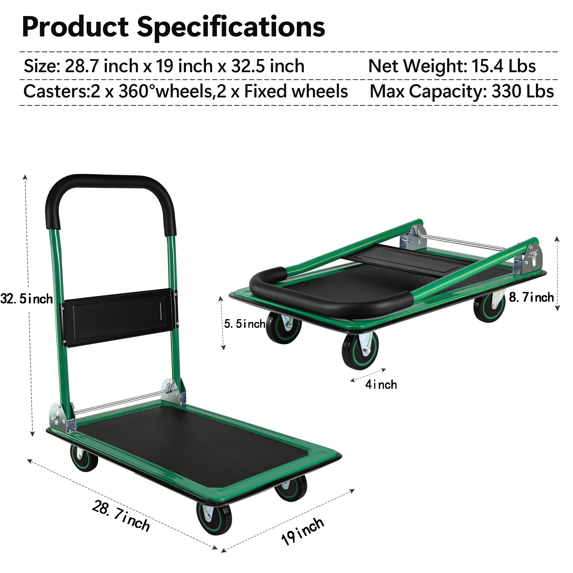 Carretilla de plataforma de servicio estándar de acero verde de 4 ruedas con capacidad para 330 lbs Kahomvis YS-QPW1-274