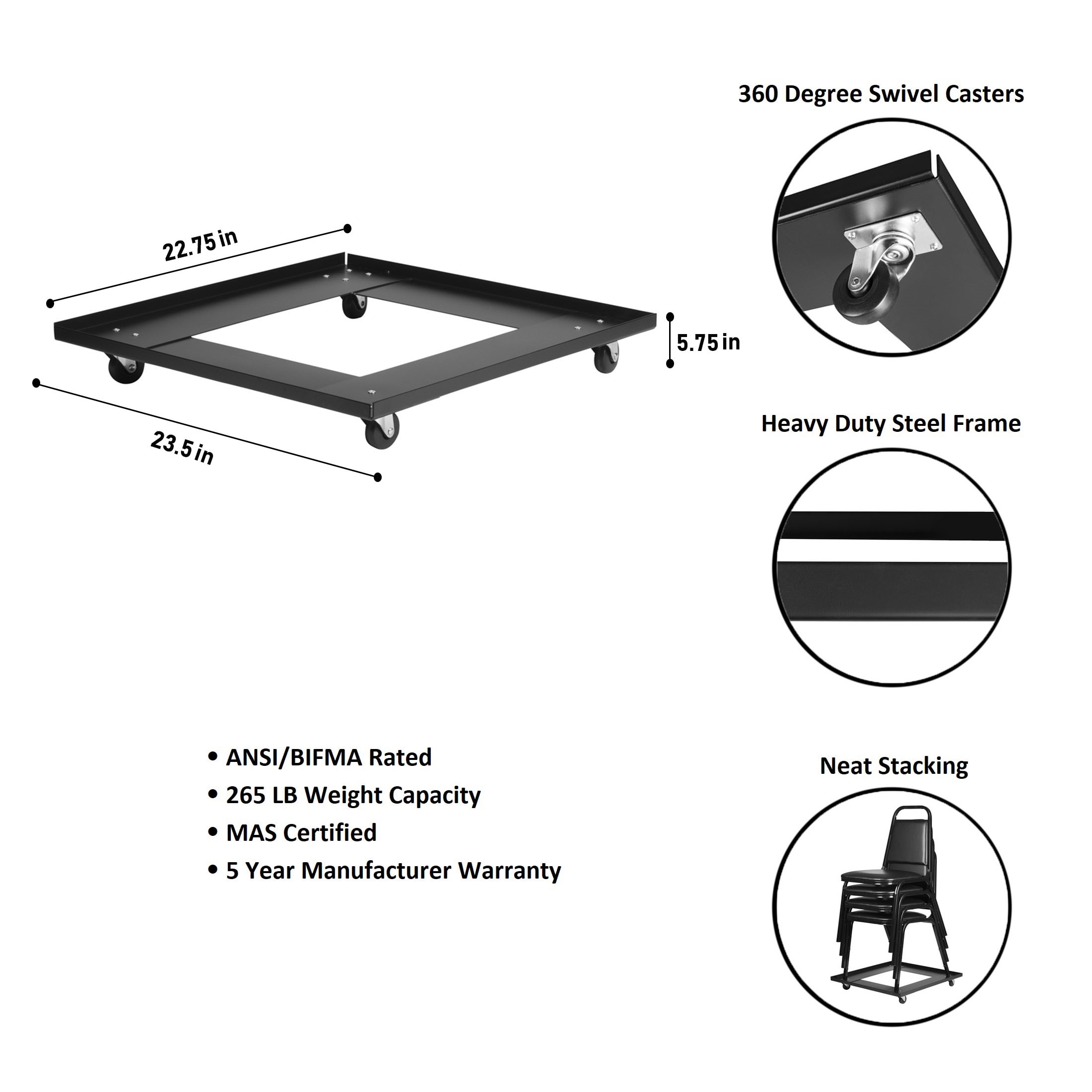 Carretilla de acero negra de 4 ruedas con capacidad de 265 libras de Hampden Furnishings HMDDL81