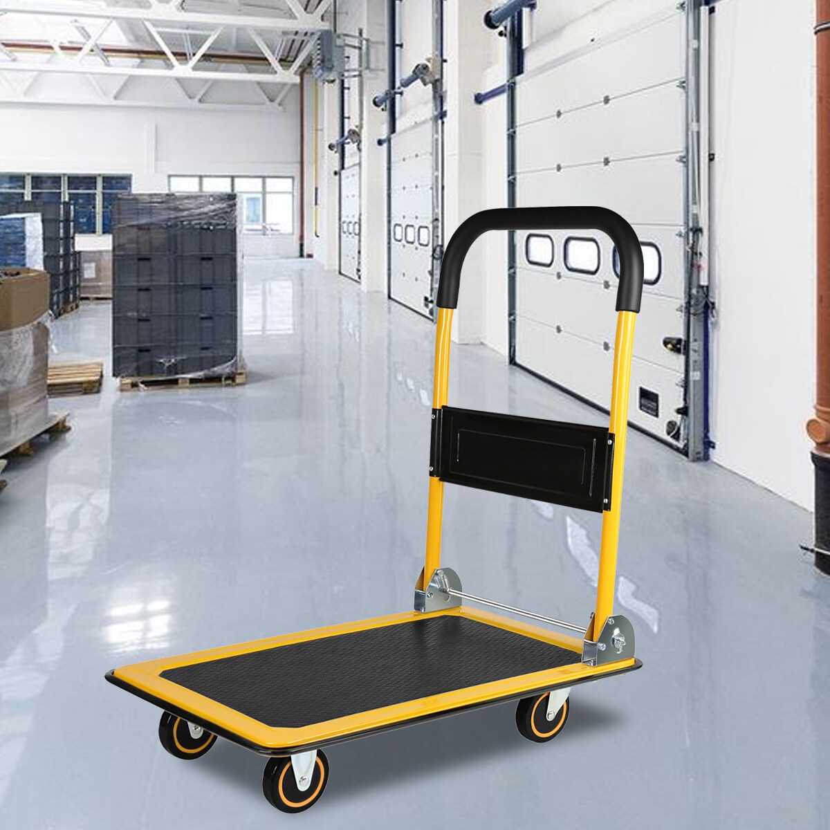 Carretilla de plataforma de acero amarilla de servicio estándar de 4 ruedas con capacidad de 330 lbs Kahomvis YS-QPW1-270.