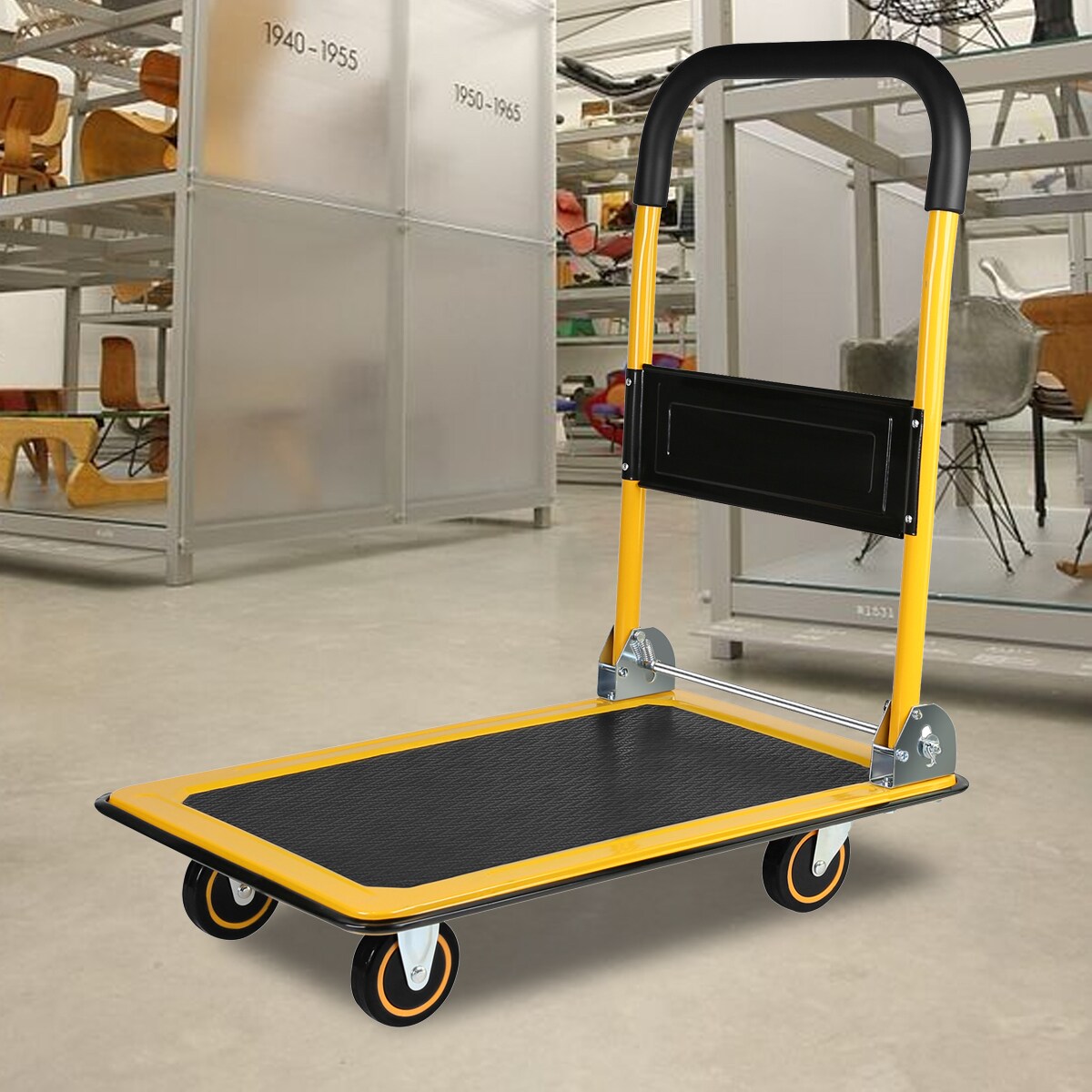 Carretilla de plataforma de acero amarilla de servicio estándar de 4 ruedas con capacidad de 330 lbs Kahomvis YS-QPW1-270.