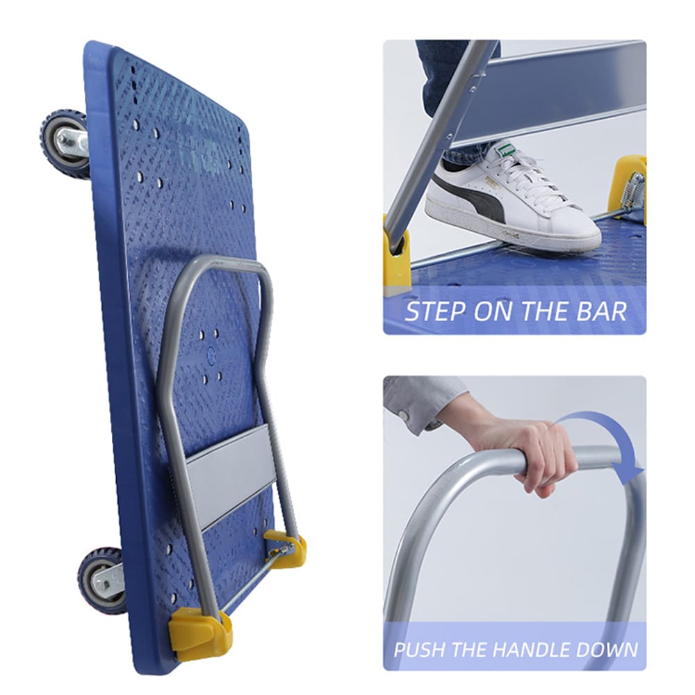Carretilla de mano plegable de acero azul con capacidad de 1320 libras y 4 ruedas Kahomvis DHS-QPW1-7861