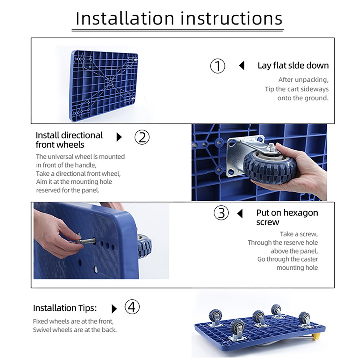 Carretilla de mano plegable de acero azul con capacidad de 1320 libras y 4 ruedas Kahomvis DHS-QPW1-7861