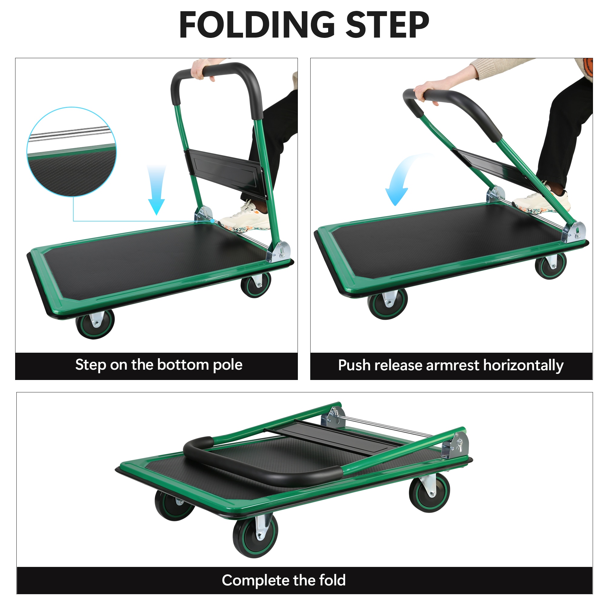 Carretilla manual de acero verde de servicio pesado de 660 lb de capacidad con 4 ruedas Siavonce ZX-D0102HAEM8U