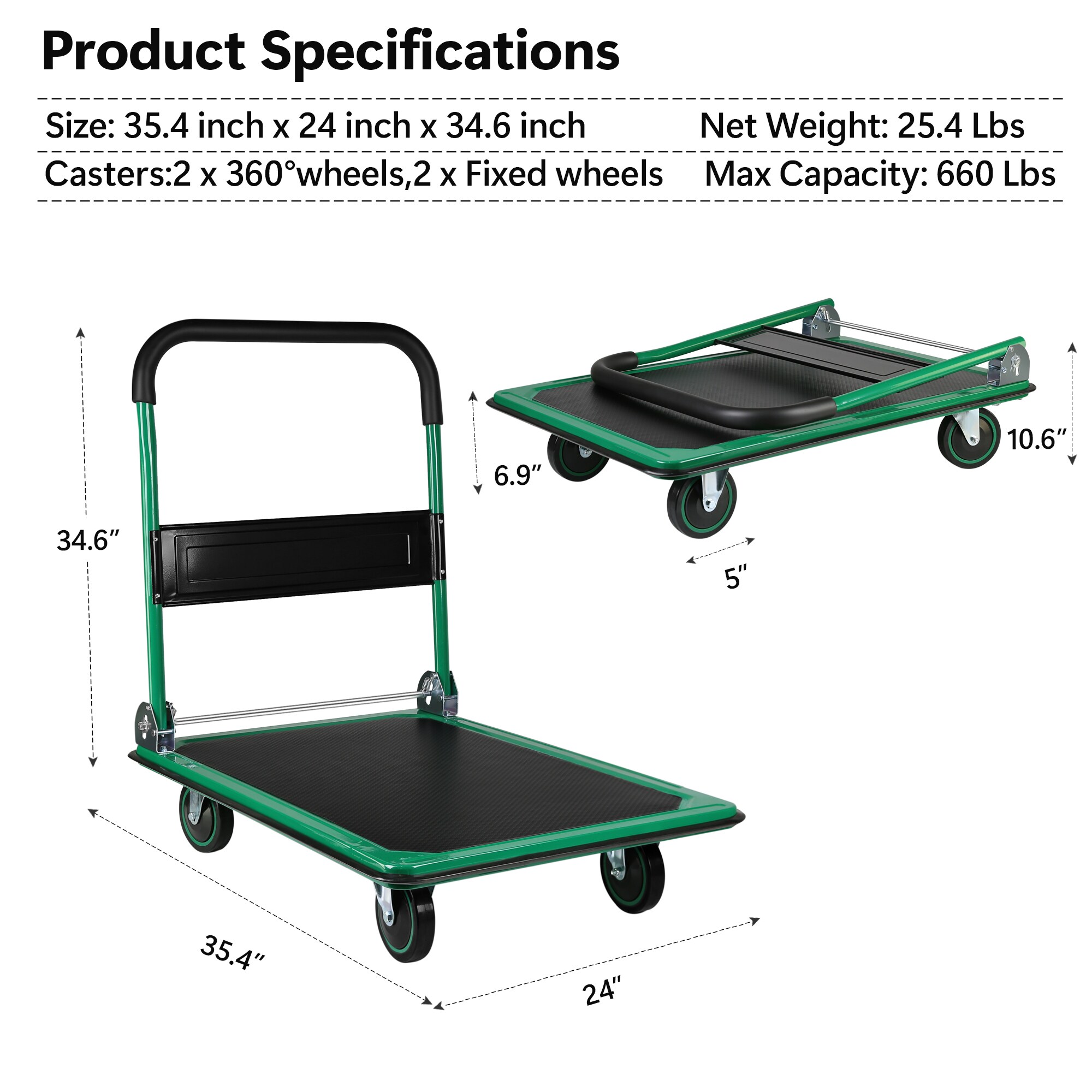 Carretilla manual de acero verde de servicio pesado de 660 lb de capacidad con 4 ruedas Siavonce ZX-D0102HAEM8U