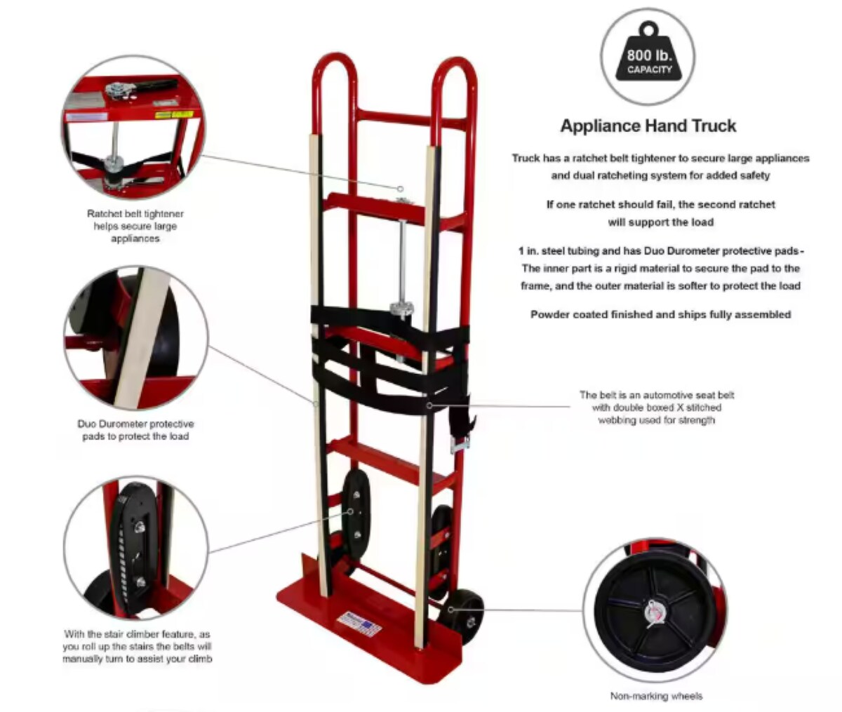 Carretilla de carga de 800 libras de capacidad con 2 ruedas de acero rojo para electrodomésticos Milwaukee DC40188.