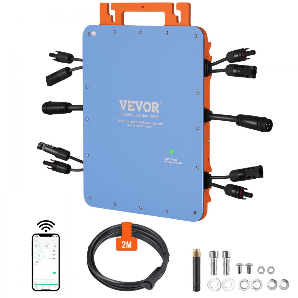 VEVOR Solar Grid Tie Micro Inverter, 1200W, Solar Micro Inverter, IP67 Waterproof Aluminum Alloy Solar Power Grid Tie Inverter DC18-50V Operating Voltage with APP Wifi Antenna Power Cord, for Solar Pa - IP67WXBWNBQ1T6BL4V1
