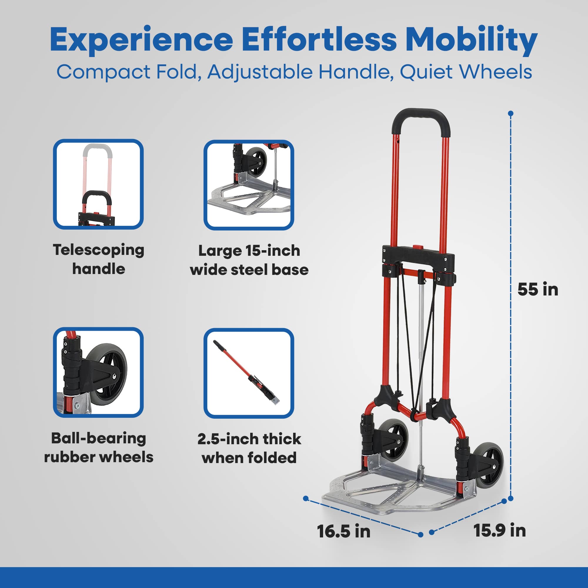Carretilla de equipaje plegable de acero con mango telescópico, rodamientos de bolas y ruedas de goma, capacidad de 160 libras, rojo/plata MAGNA CART Personal MCI 274254